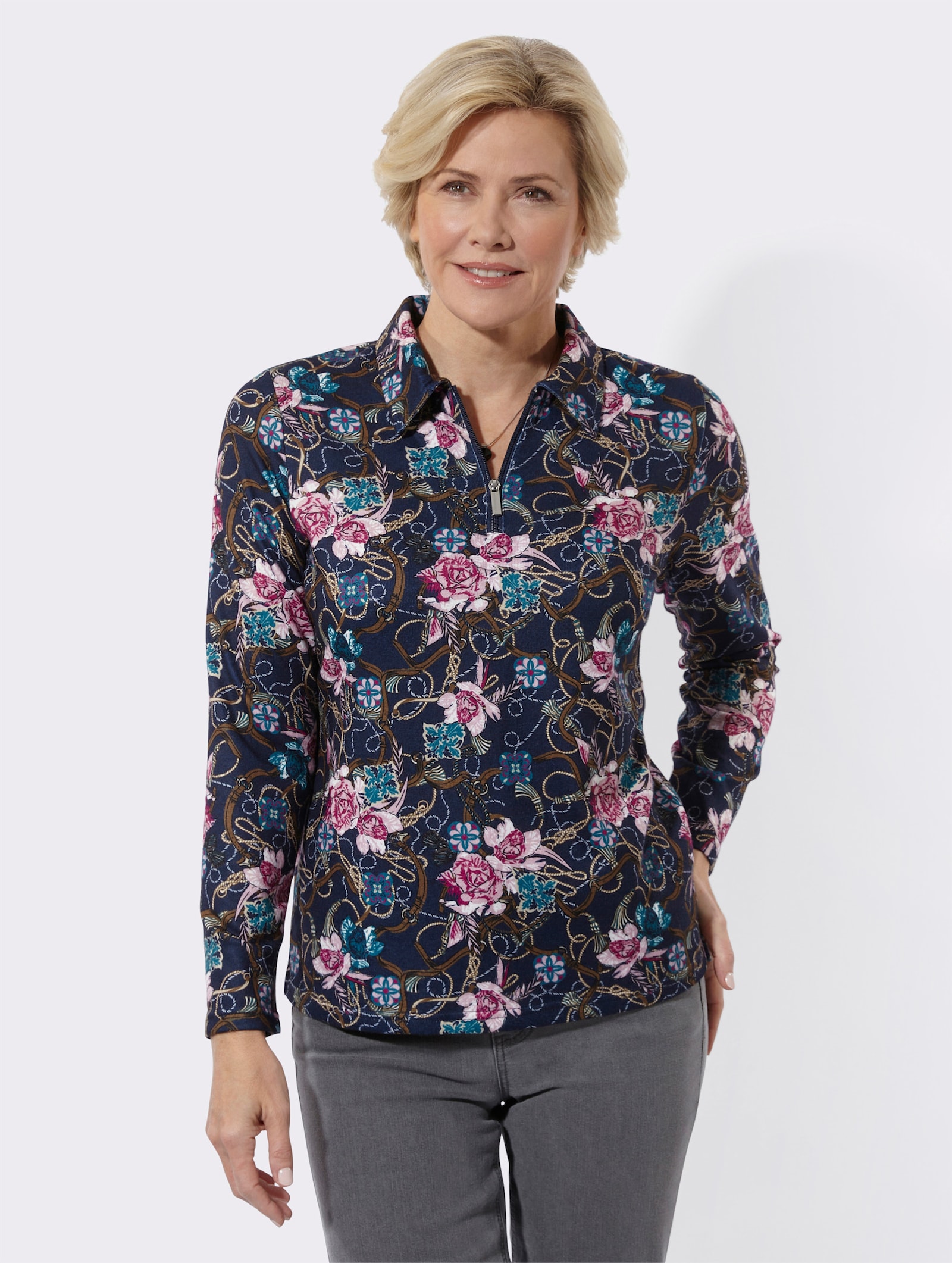 Poloshirt mit floralem Muster - marine-rosé-bedruckt