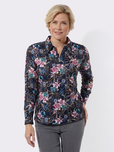 Poloshirt mit floralem Muster - marine-rosé-bedruckt