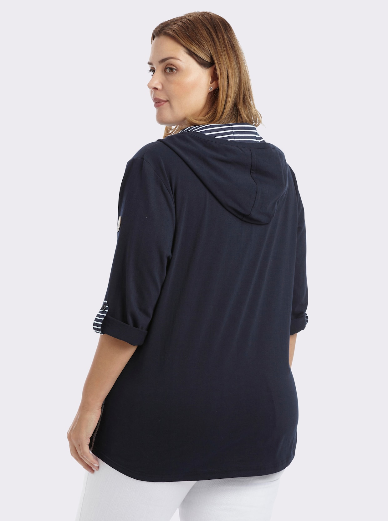 sheego Kapuzenshirt mit Streifen-Details - tiefblau