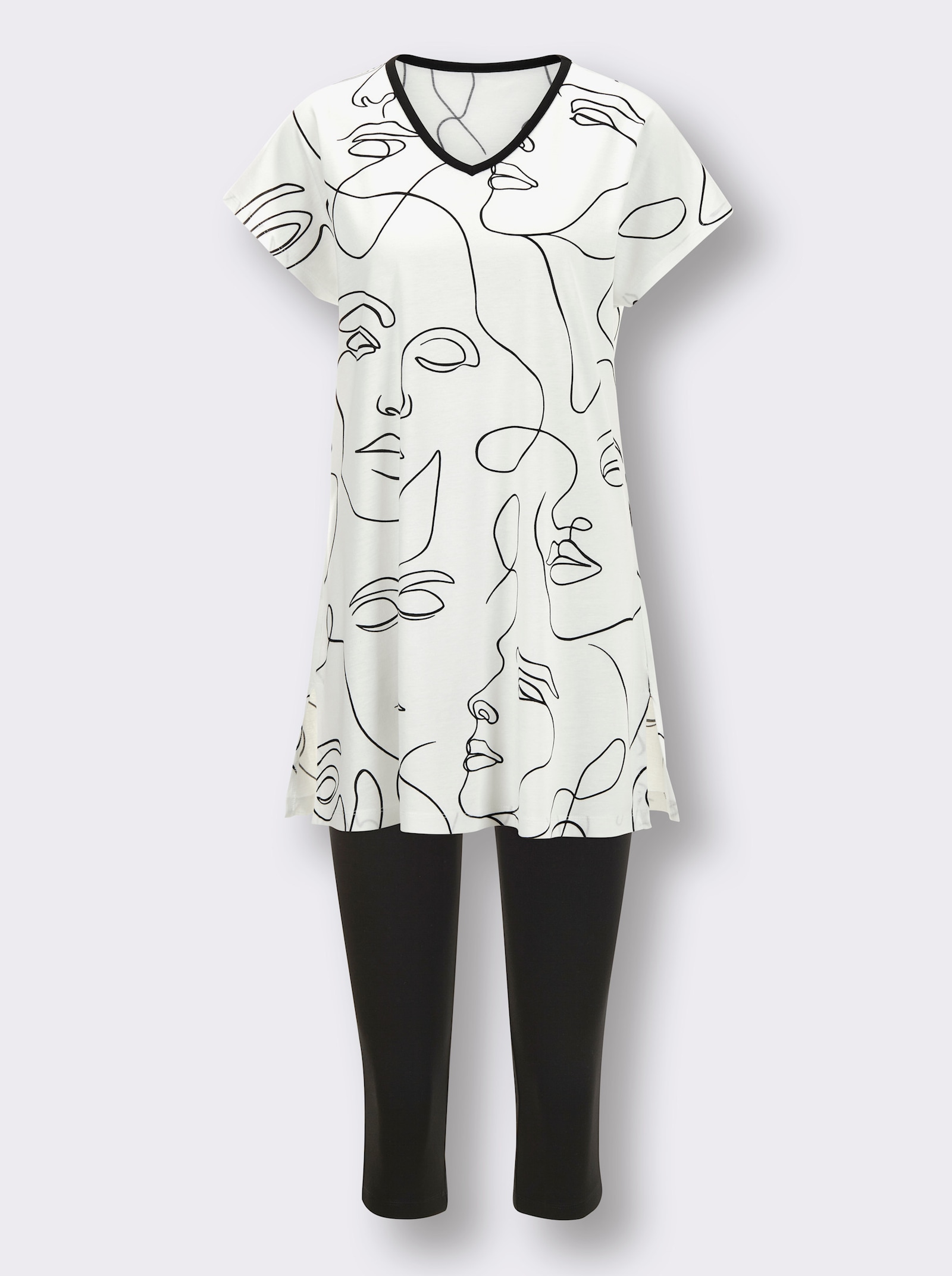 wäschepur Caprianzug mit Tunika-Oberteil - weiß-schwarz-bedruckt
