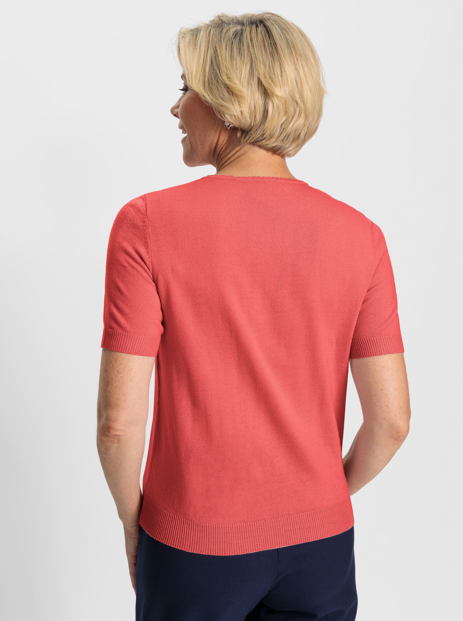 Pullover met ronde hals, achter glad gebreid - koraal