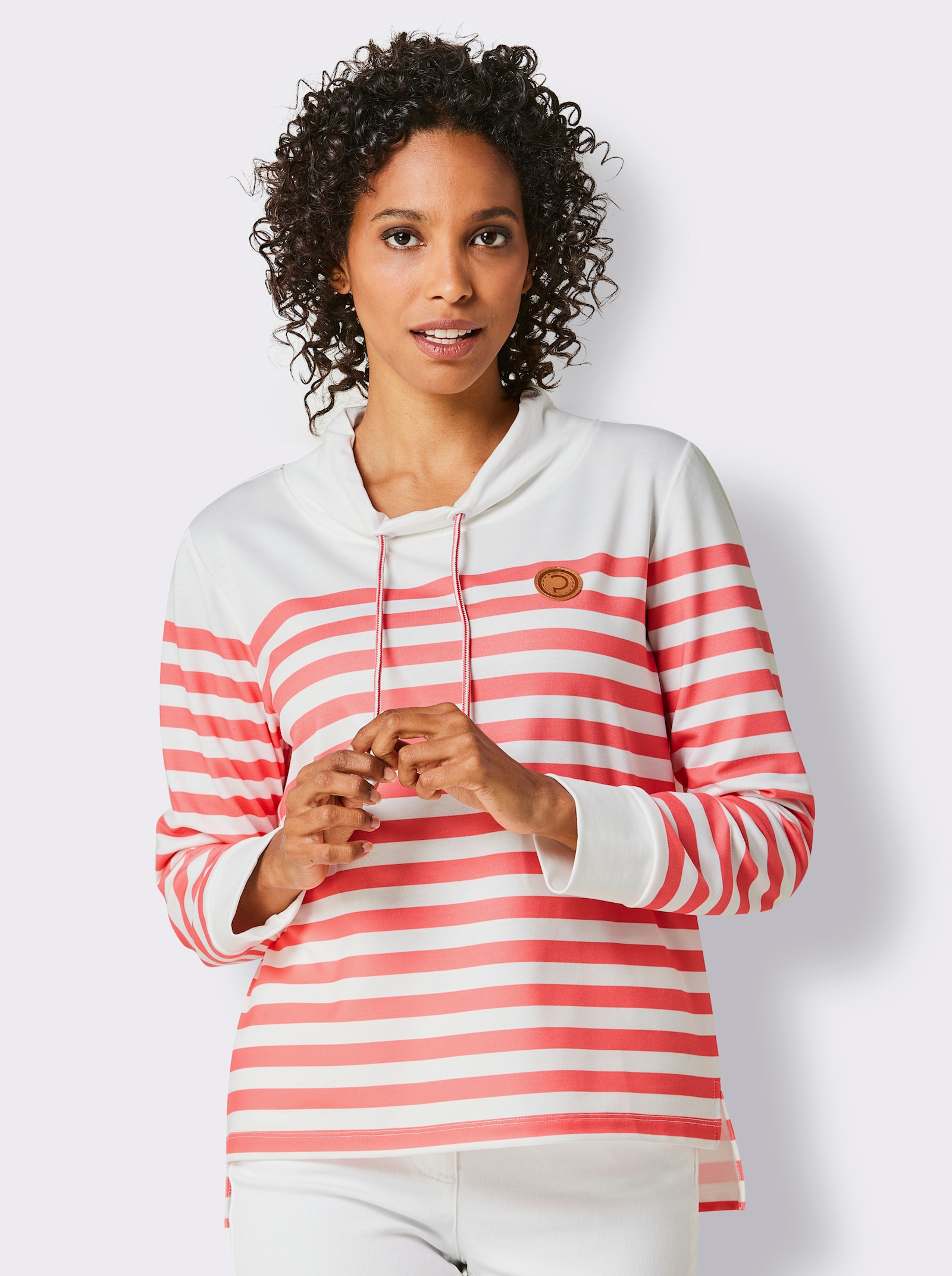 CREATION L PREMIUM Sweatshirt mit verlängertem Rückenteil - weiß-grapefruit-geringelt