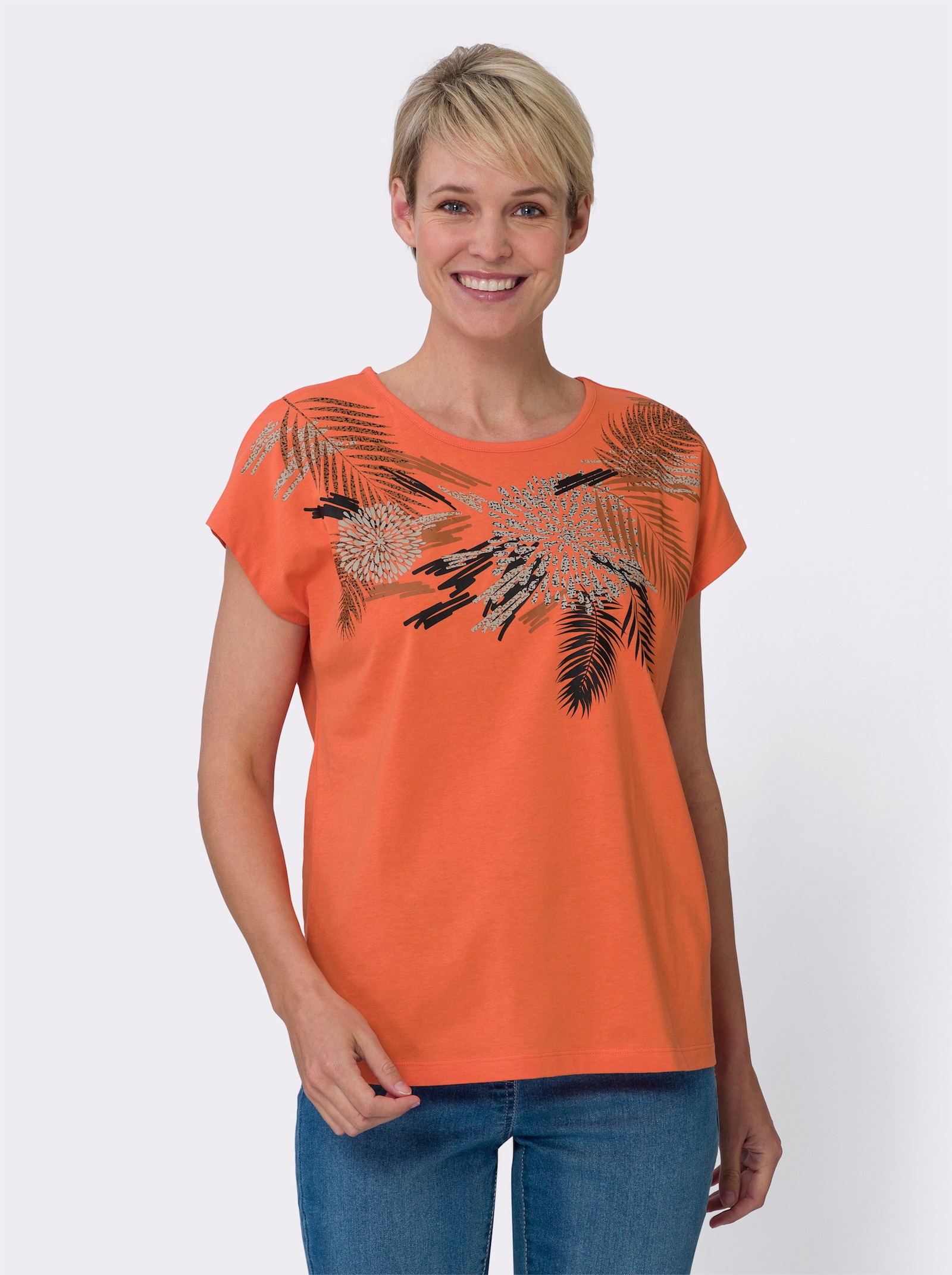 Kurzarmshirt aus reiner Baumwolle - orange-cognac
