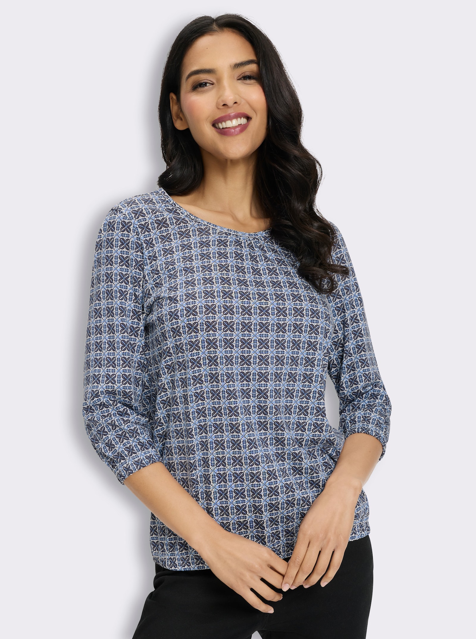 3/4-Arm-Shirt im Minimal-Druck - himmelblau-ecru-bedruckt