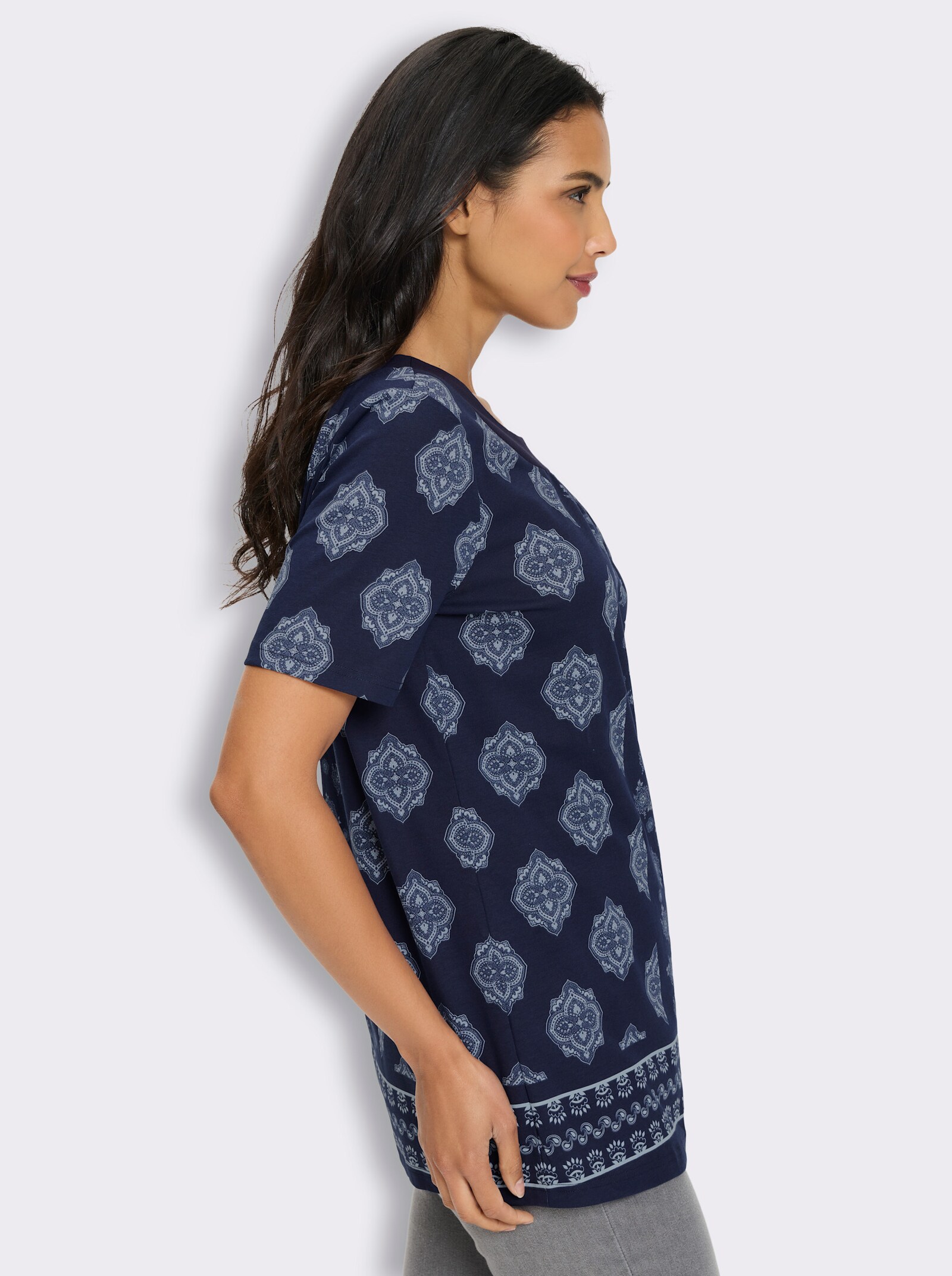 Longshirt mit gekräuseltem Rundhals-Ausschnitt - marine-hellblau-bedruckt