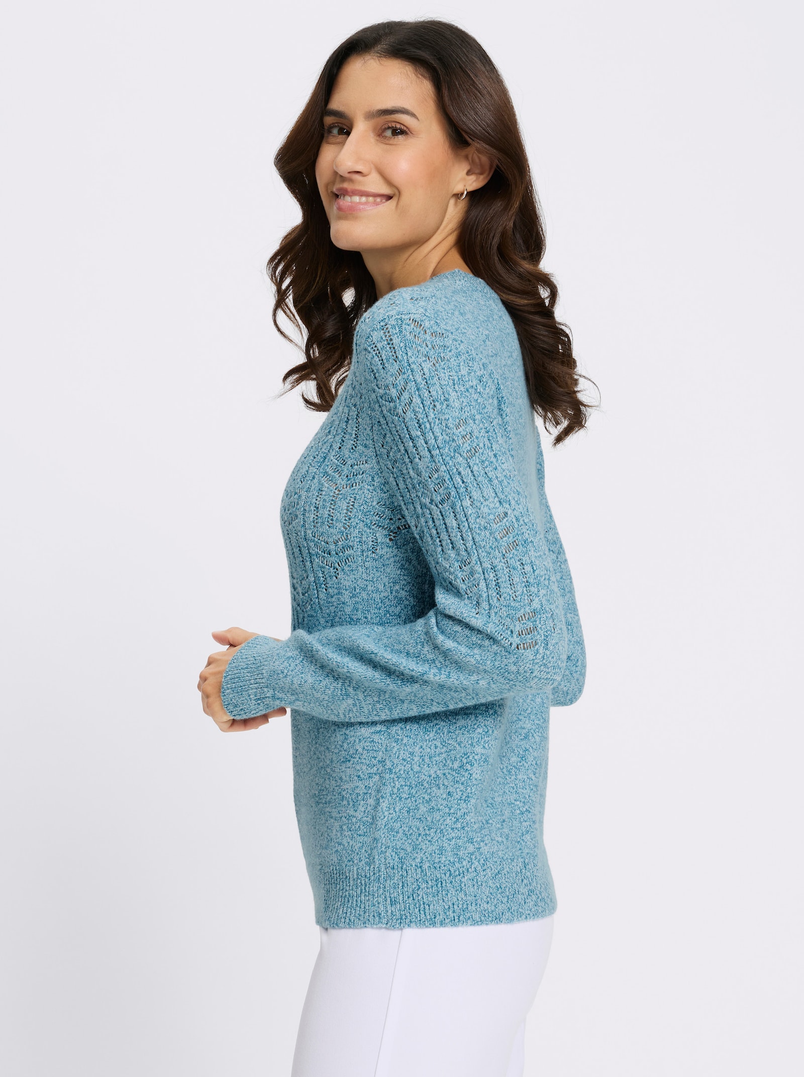 Rundhalspullover mit Ajourmuster - aquamarin-meliert