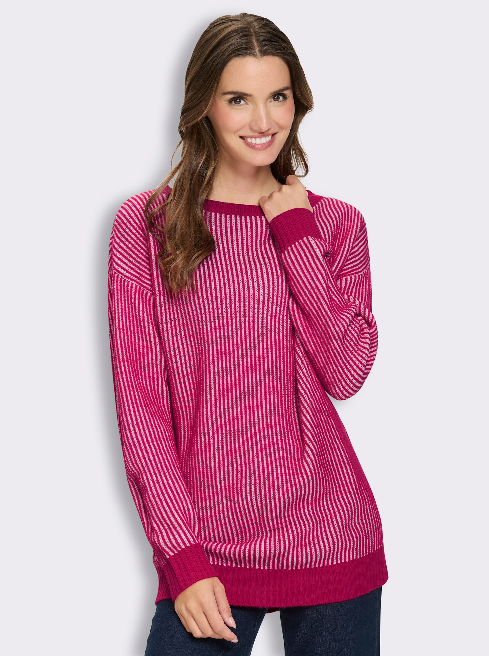 Longpullover in Ripp-Optik - pink-weiß