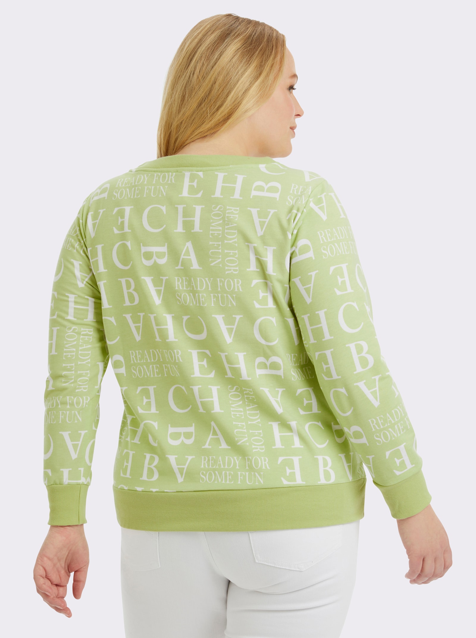 Sweatshirt mit Kordeldurchzug am Ausschnitt - pistazie-ecru-bedruckt