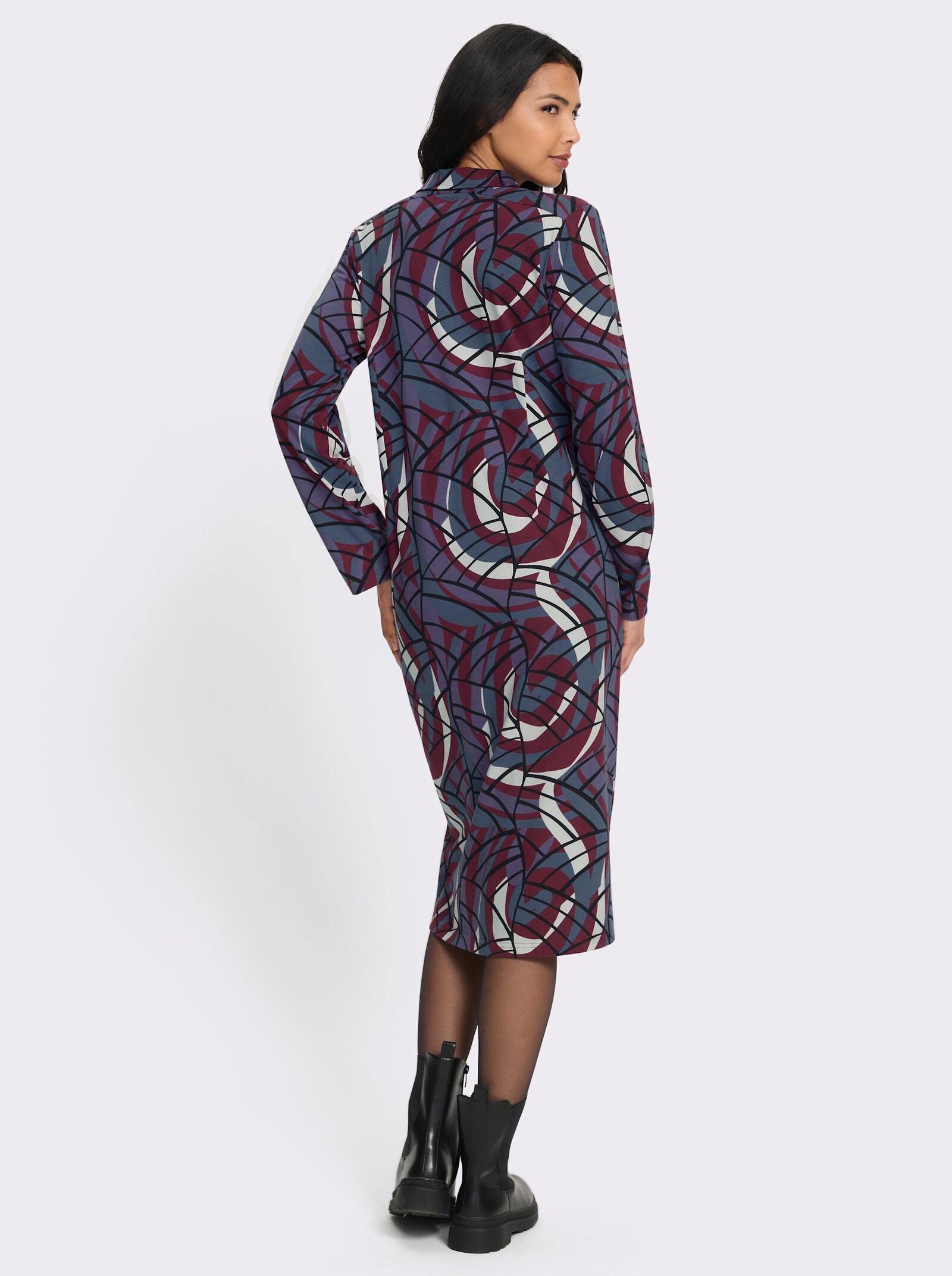 Polokleid im Baumwoll-Mix - bordeaux-rauchblau-bedruckt
