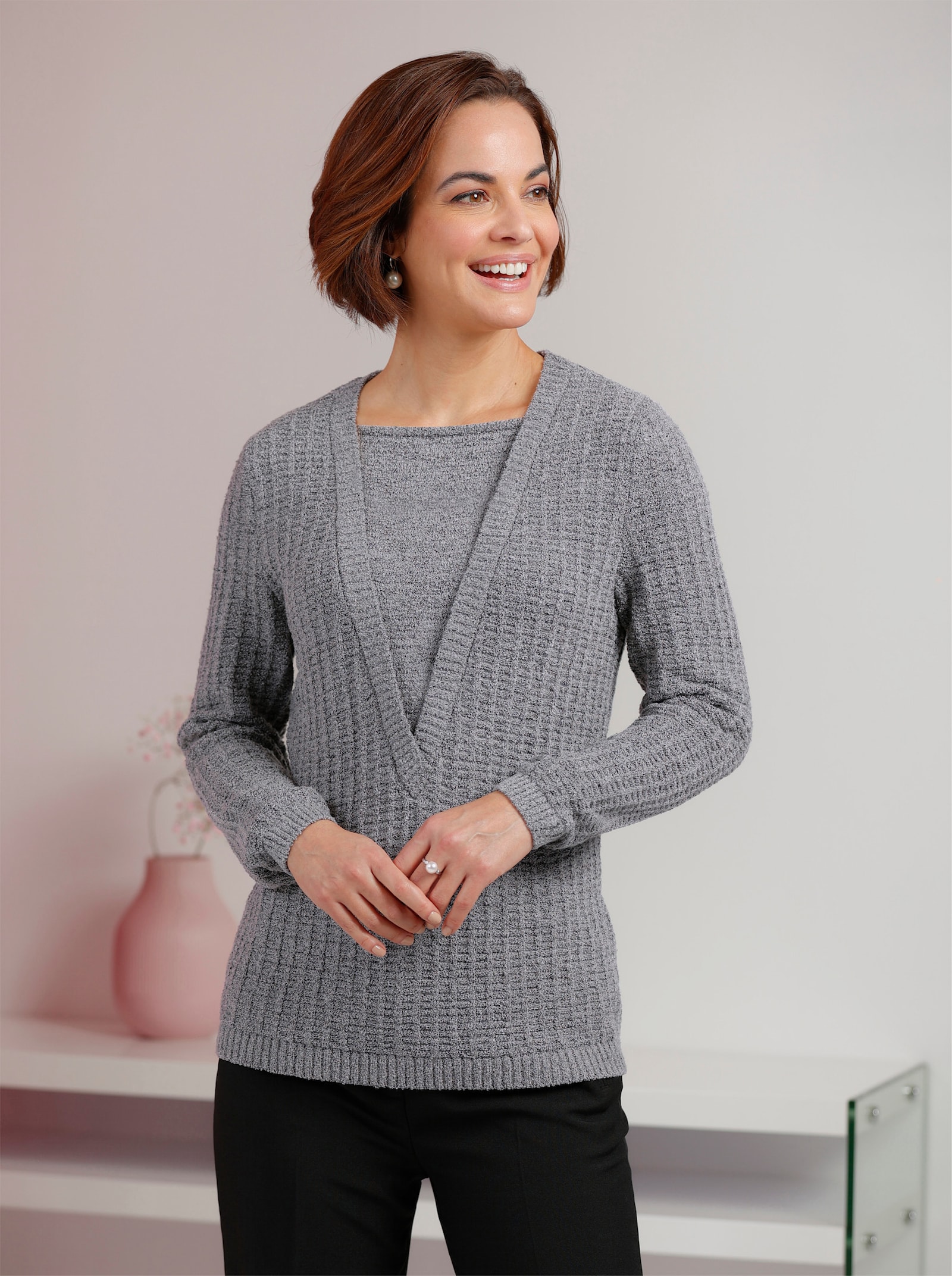 Bouclé-Pullover in 2-in-1-Optik - steingrau-meliert