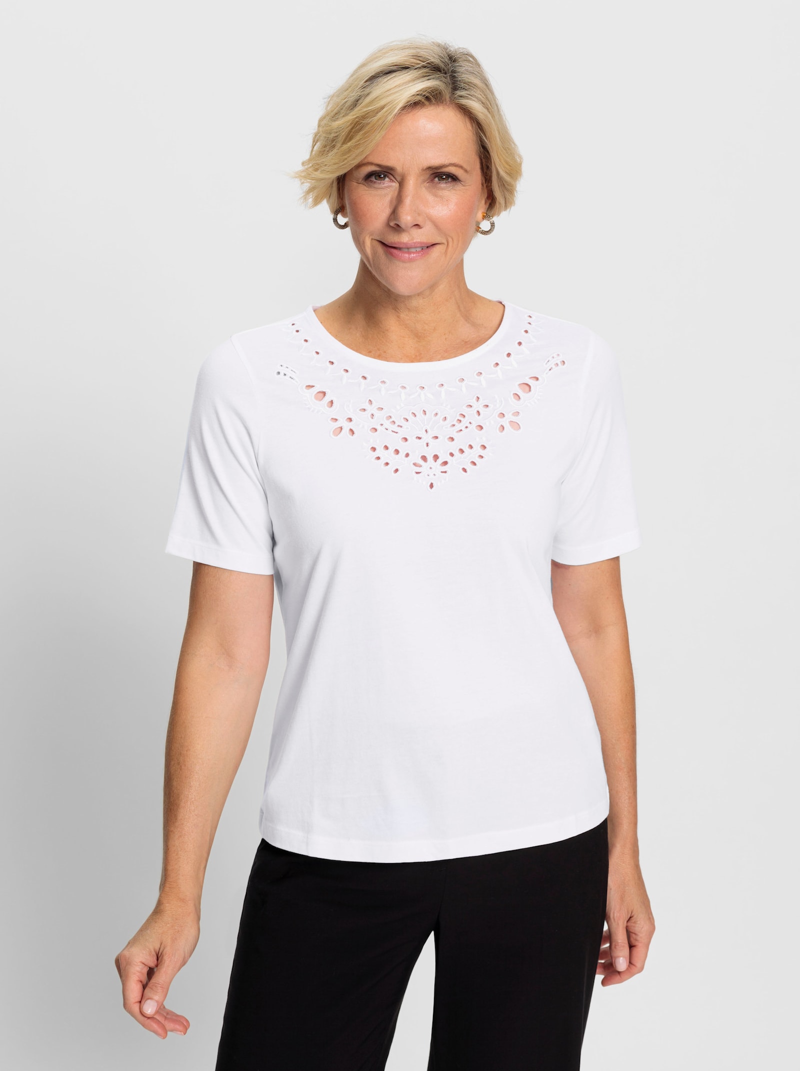 Shirt met ronde hals en ajourwerk - ecru