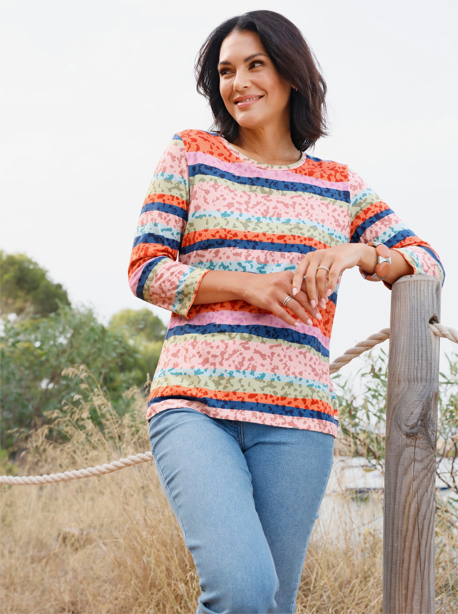 Ringelshirt mit 3/4-Ärmeln - papaya-puder-geringelt