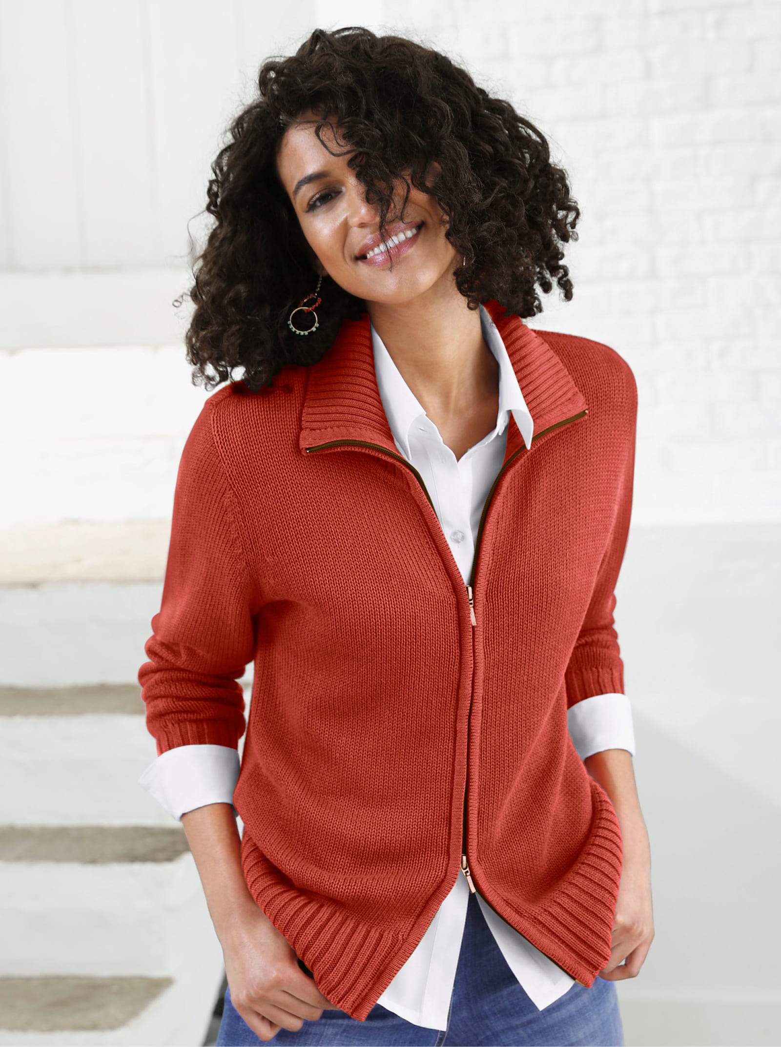 Strickjacke mit 2-Wege-Reißverschluss - rostrot