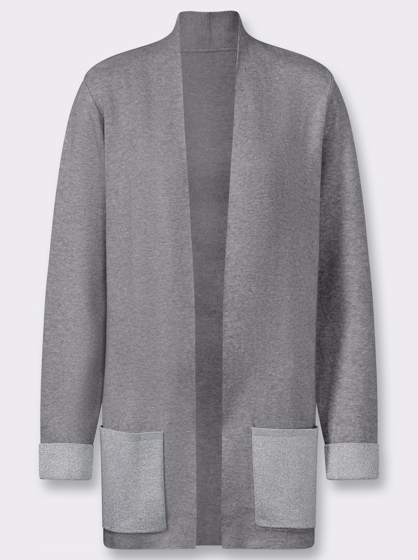 Longstrickjacke mit Glanzgarn-Details - steingrau-meliert