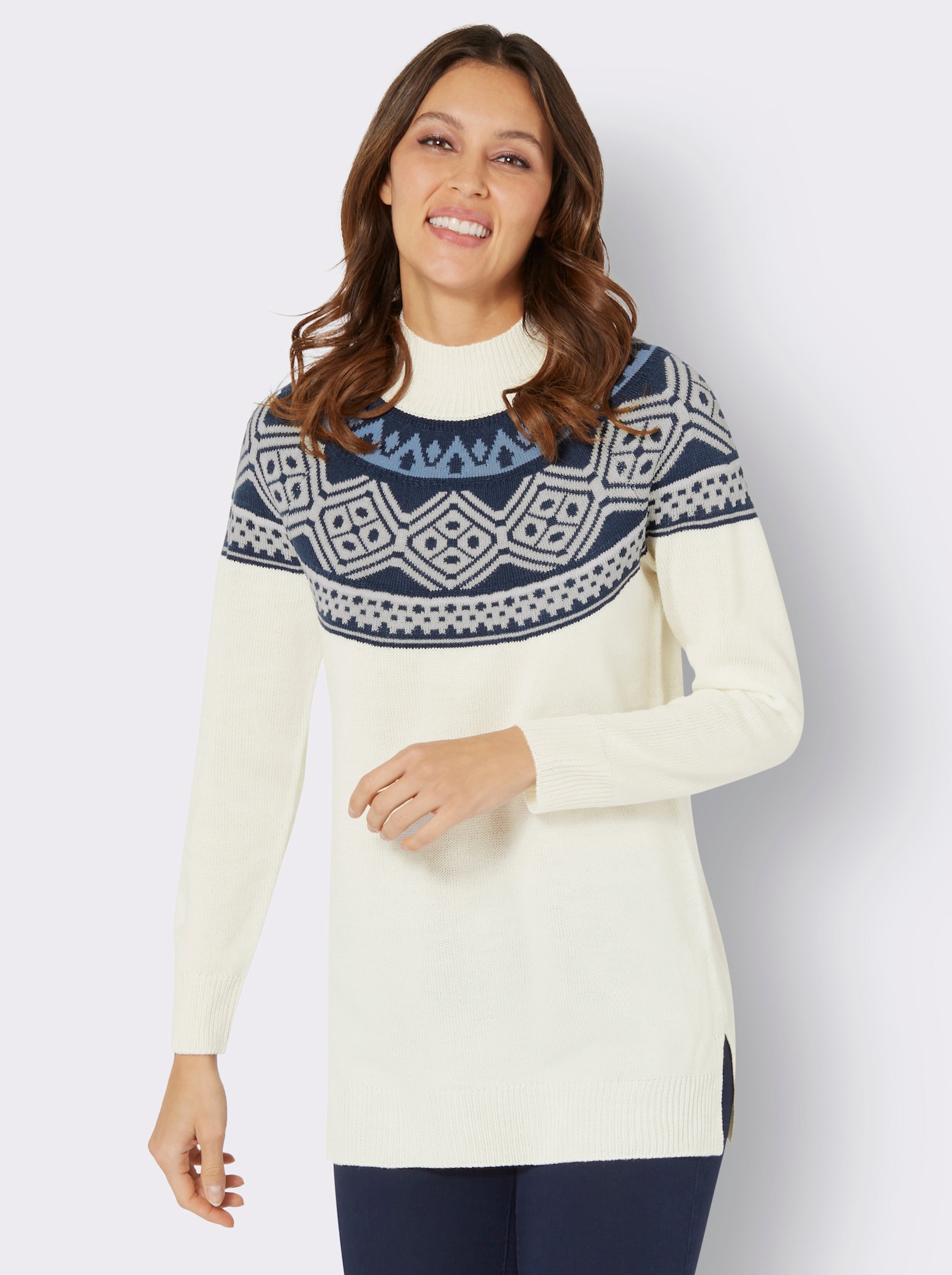 Lange pullover met Noors patroon - ecru/donkerblauw