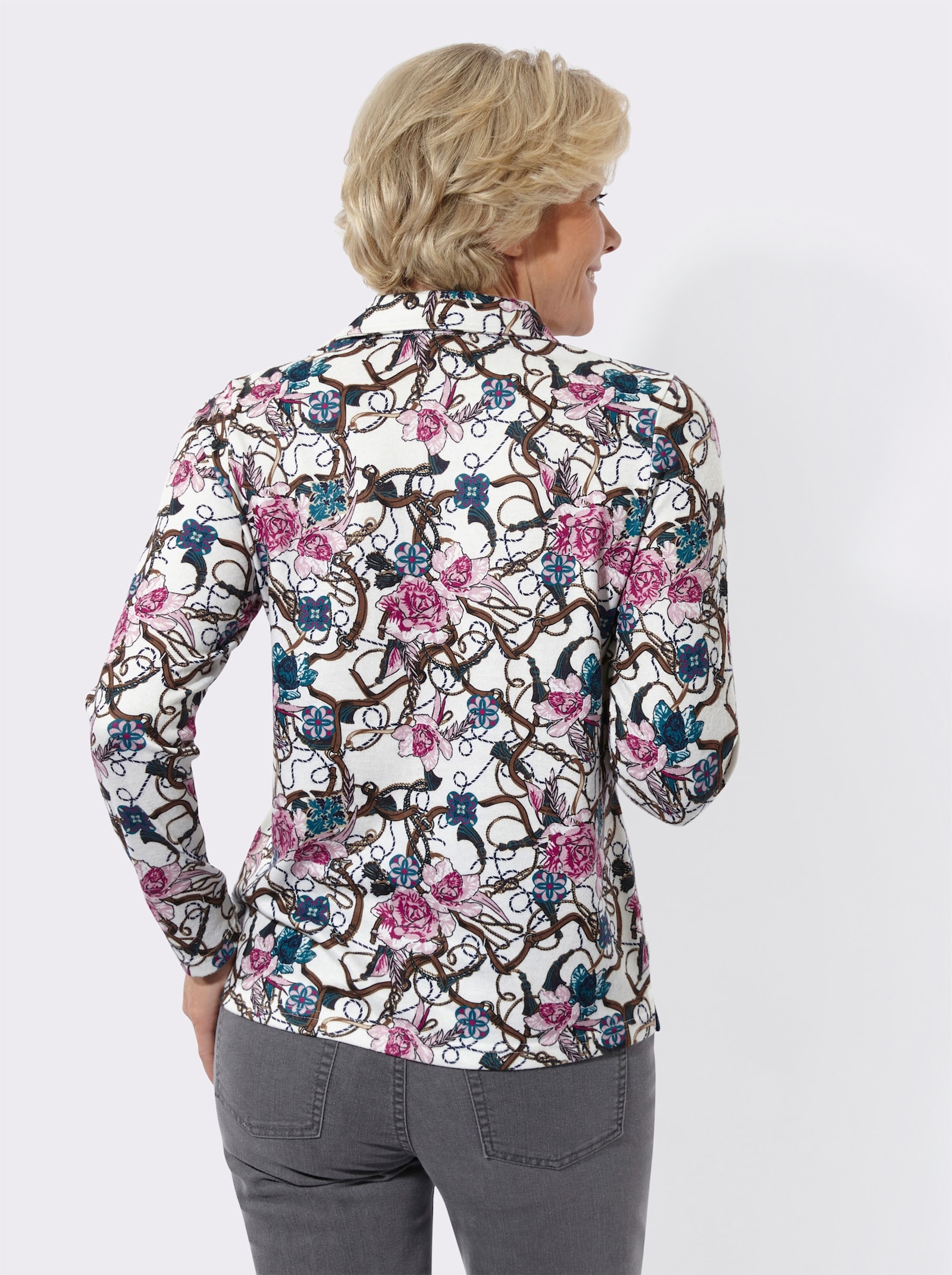 Poloshirt mit floralem Muster - ecru-rosé-bedruckt