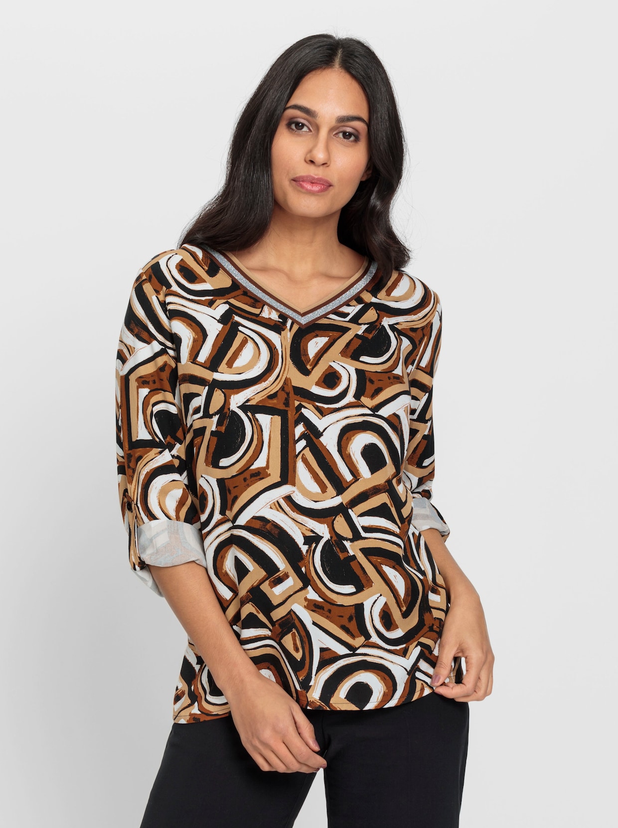 Blouse met lange mouwen - ecru/camel bedrukt