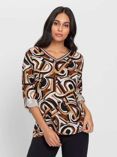 Langarmbluse mit V-Ausschnitt - ecru-camel-bedruckt