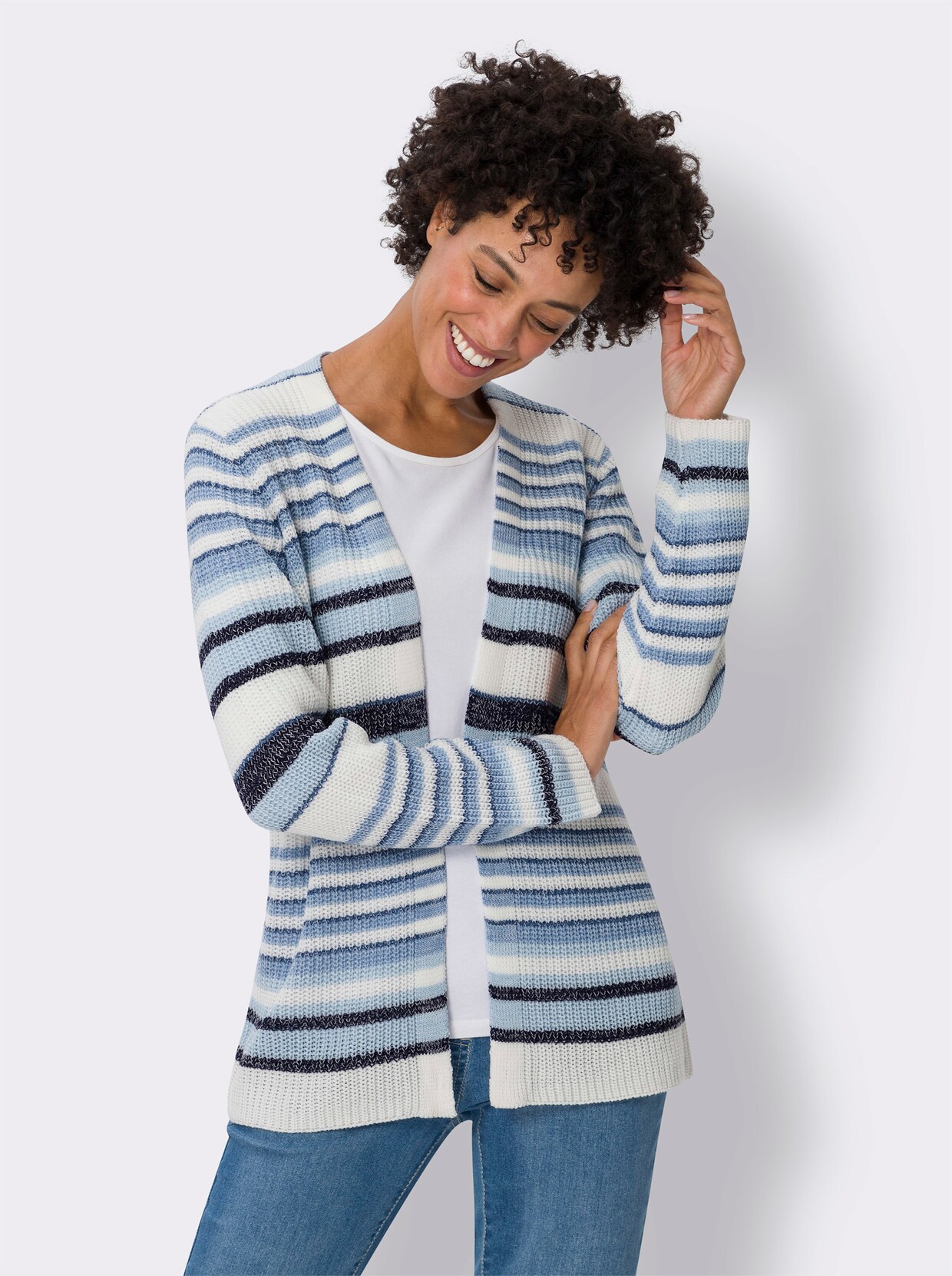 Strickjacke - ecru-bleu-geringelt