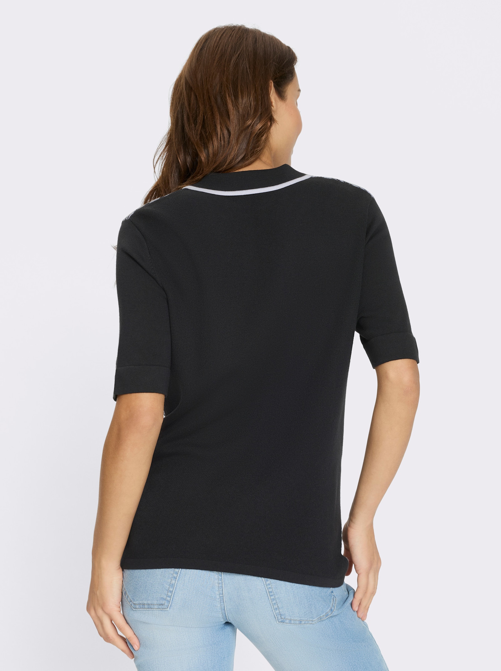 Polopullover mit Reißverschluss - schwarz-weiß-gemustert