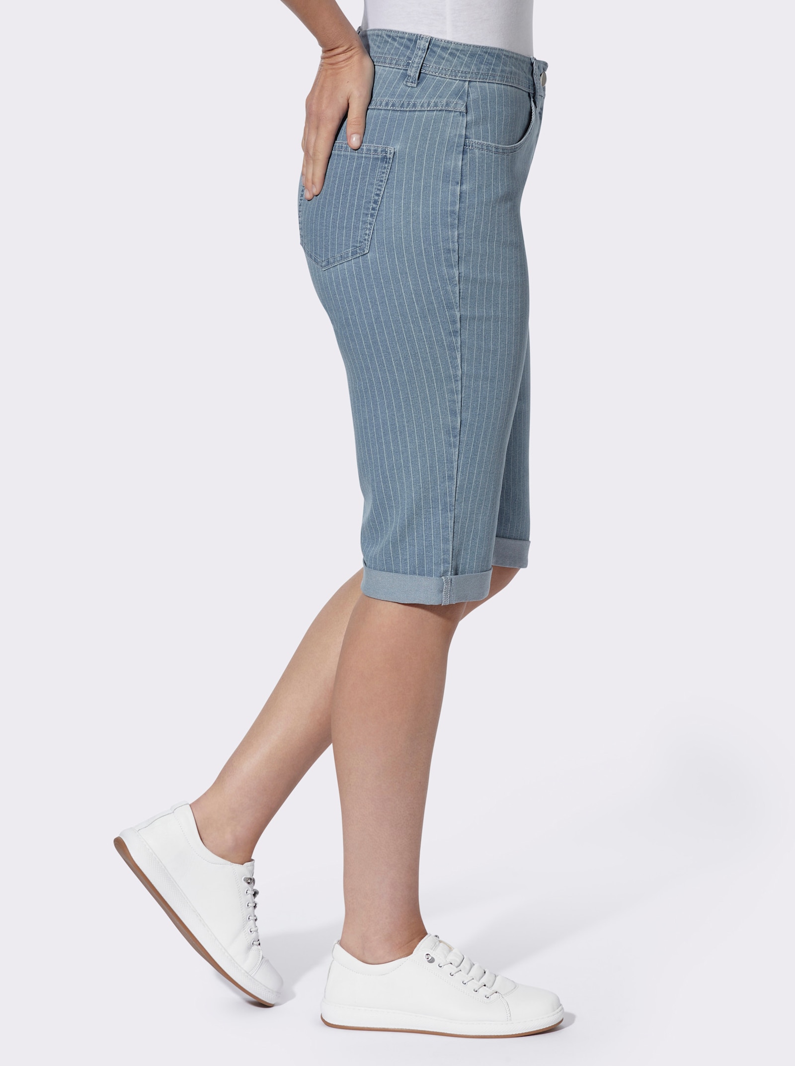 Jeansbermuda met verticaal streeppatroon, stretch - blue-bleached