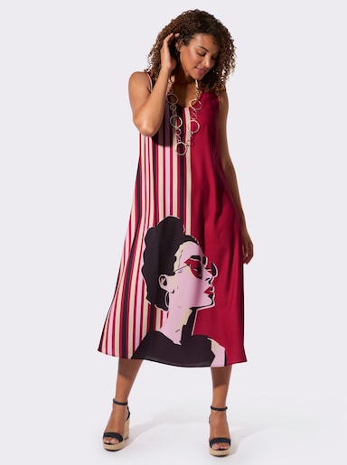 Druckkleid in ausgestellter A-Form - rot-rosé-bedruckt