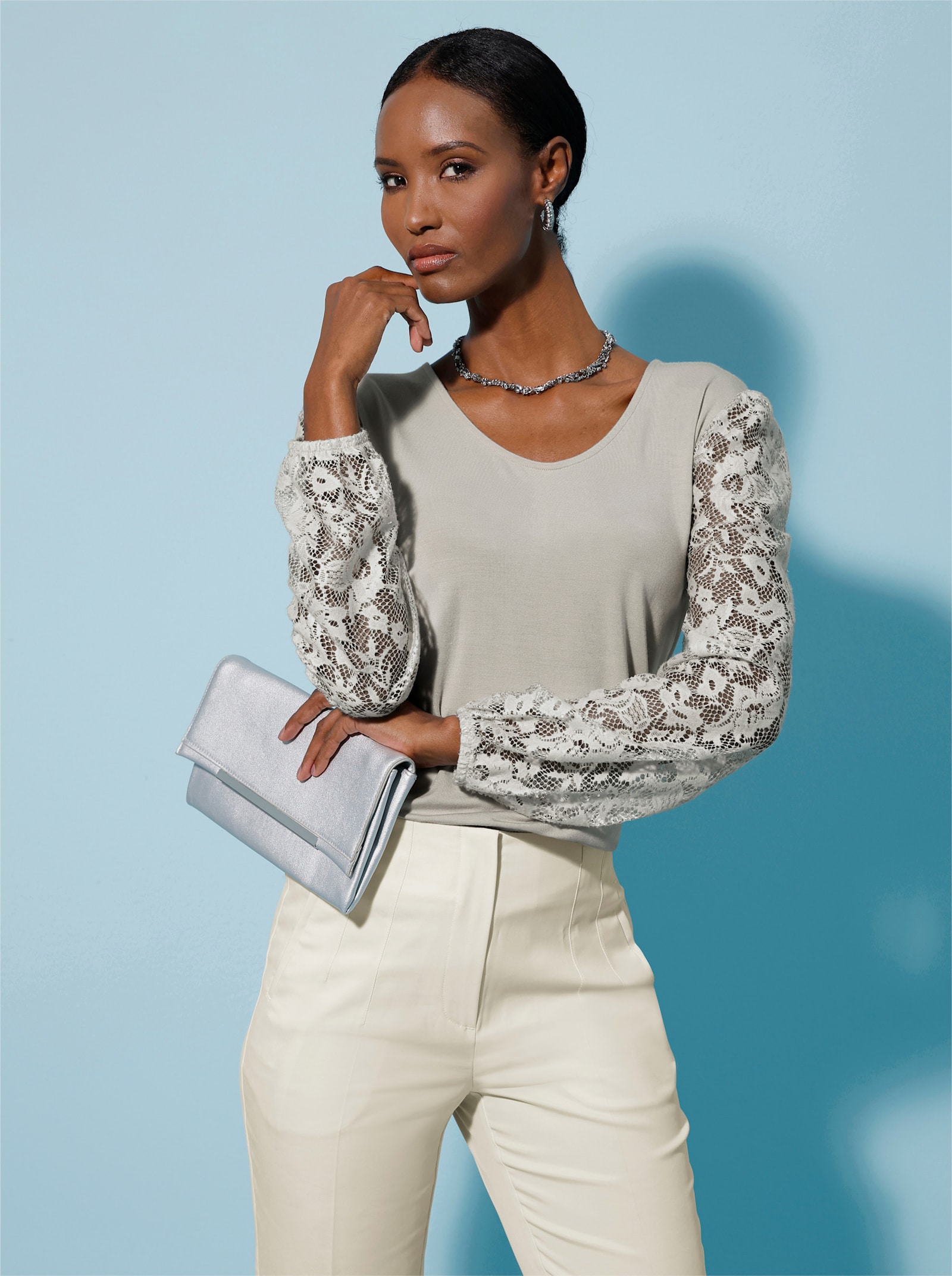 Spitzenshirt mit Lyocell - hellgrau