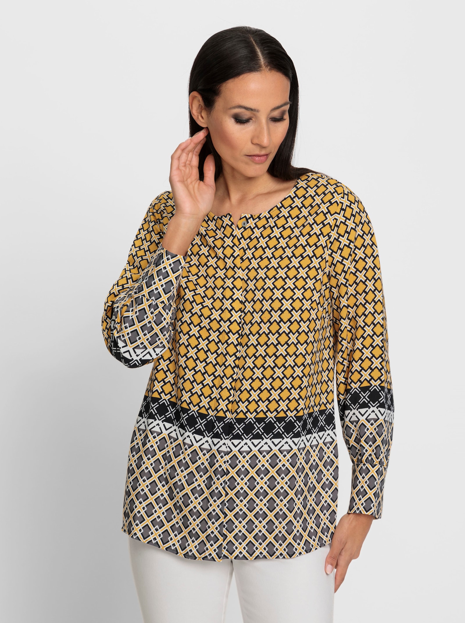 heine Langarm-Bluse im Muster-Mix - ocker-schwarz-bedruckt