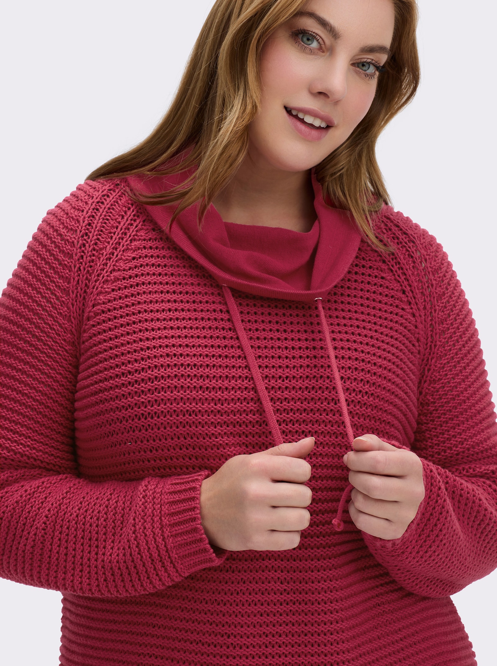 Rollkragenpullover mit Tunnelzug und Bindeband - himbeerrot