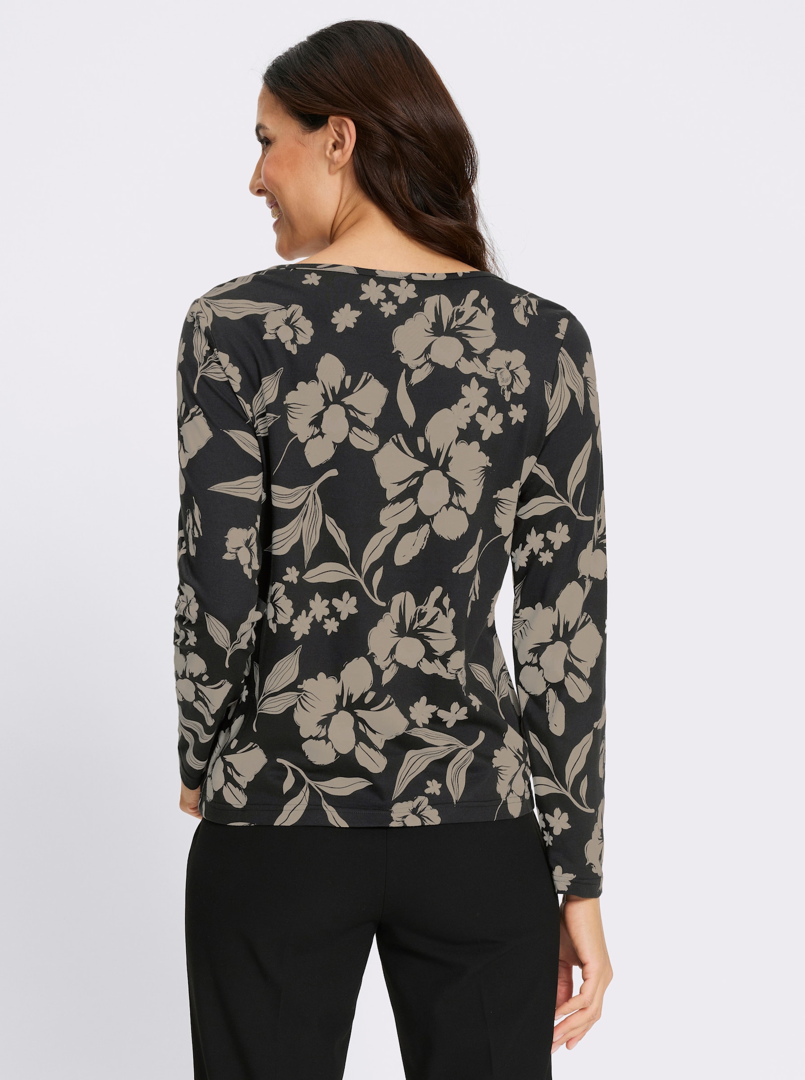 Langarmshirt mit Tropfen-Ausschnitt - schwarz-sand-bedruckt