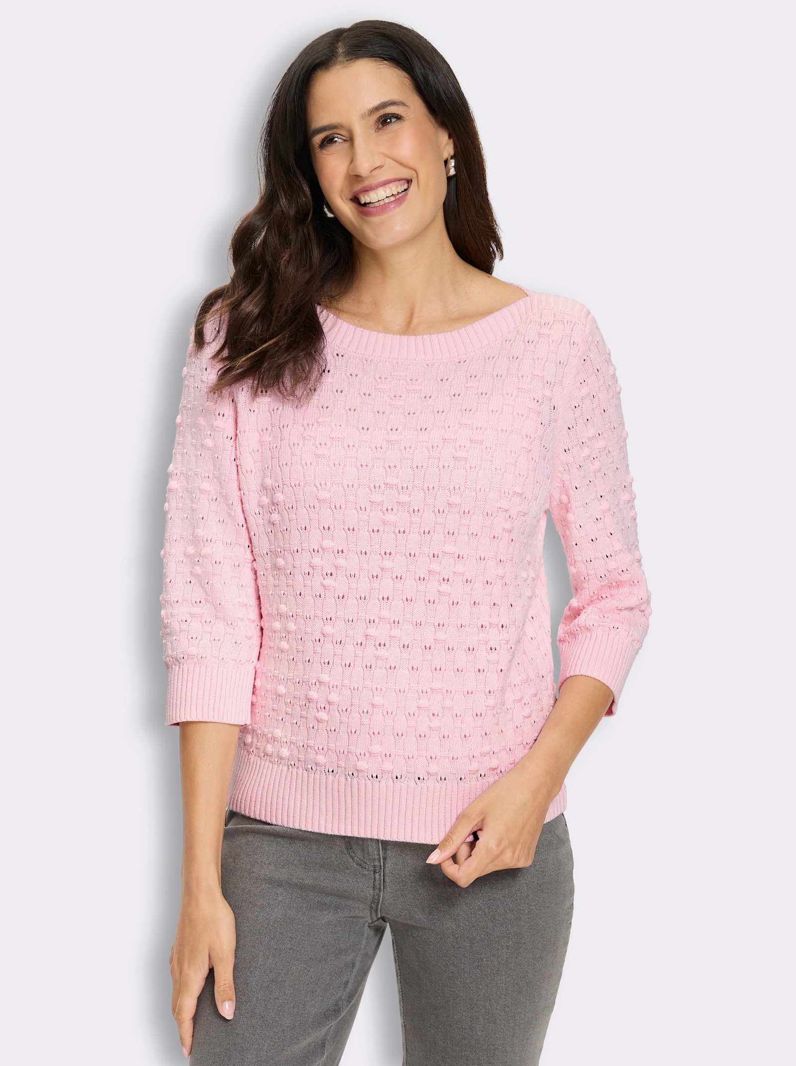 Baumwollpullover mit Strickmuster in 3D-Optik - hellrosé