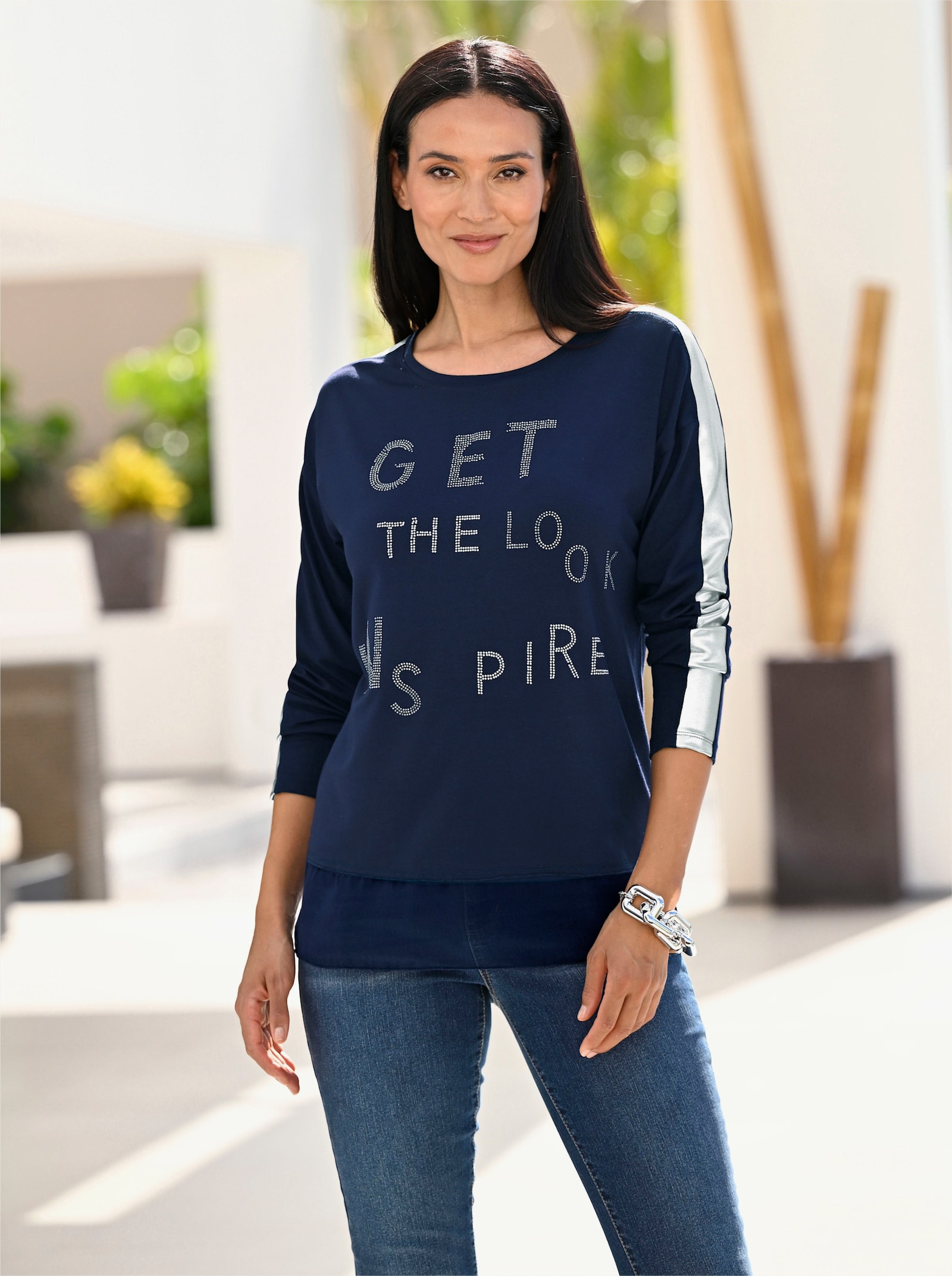 heine Shirt met lange mouwen en glanzende streep - marine