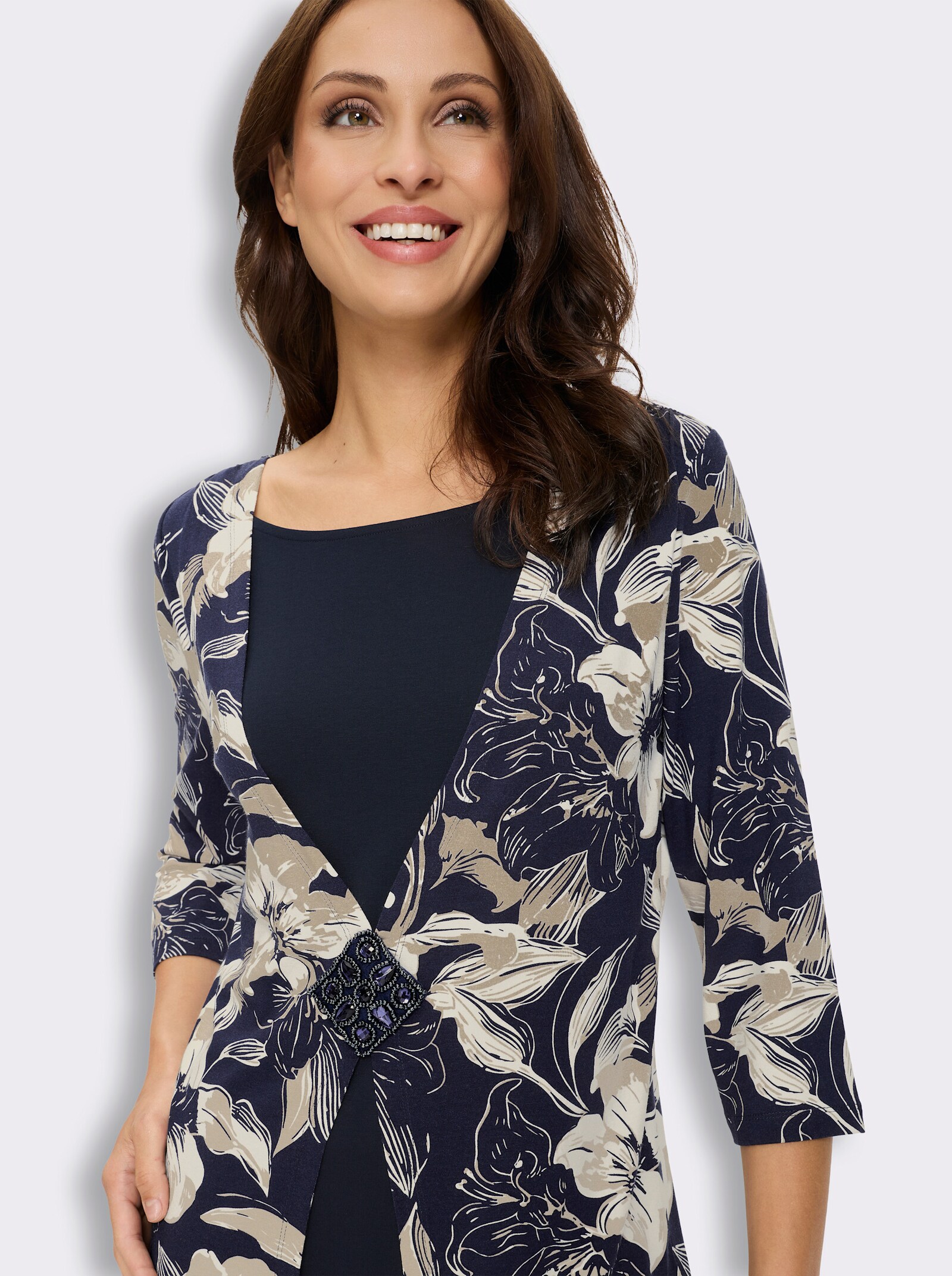 2-in-1-Shirt mit Ziersteinchen-Patch - marine-beige-bedruckt