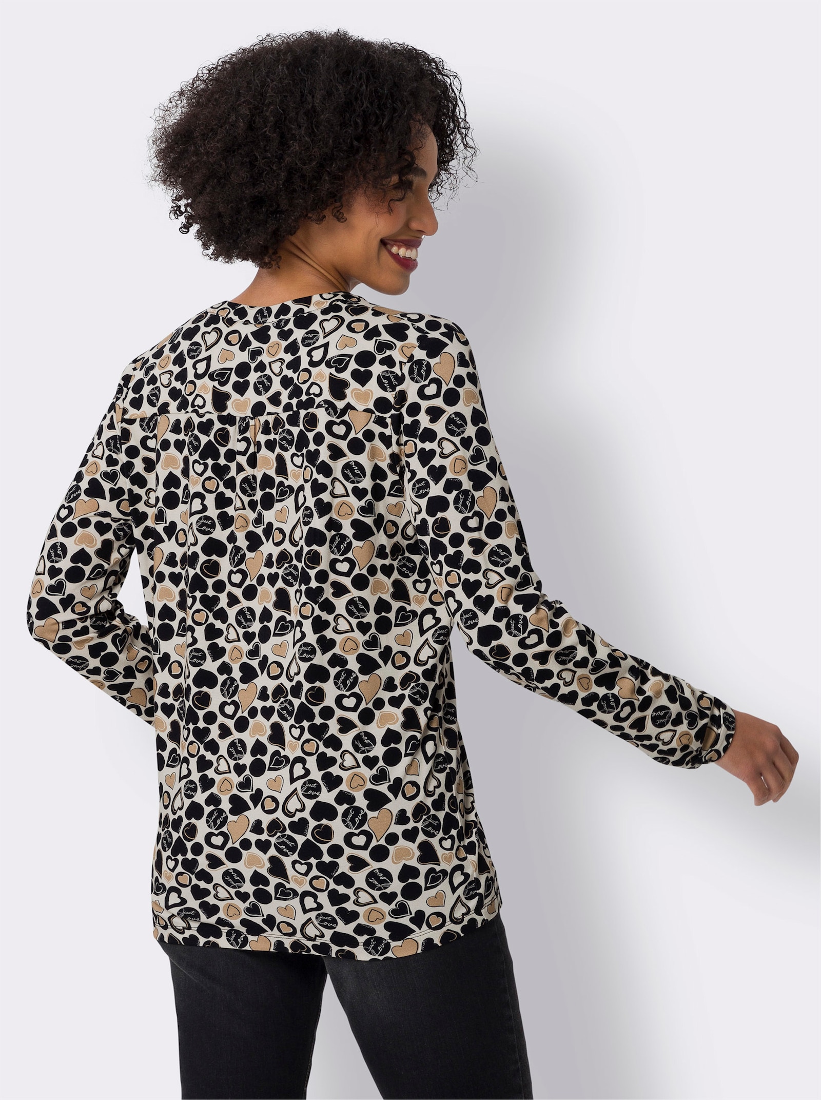 heine Jersey-Bluse mit Herz-Print - champagner-schwarz-bedruckt