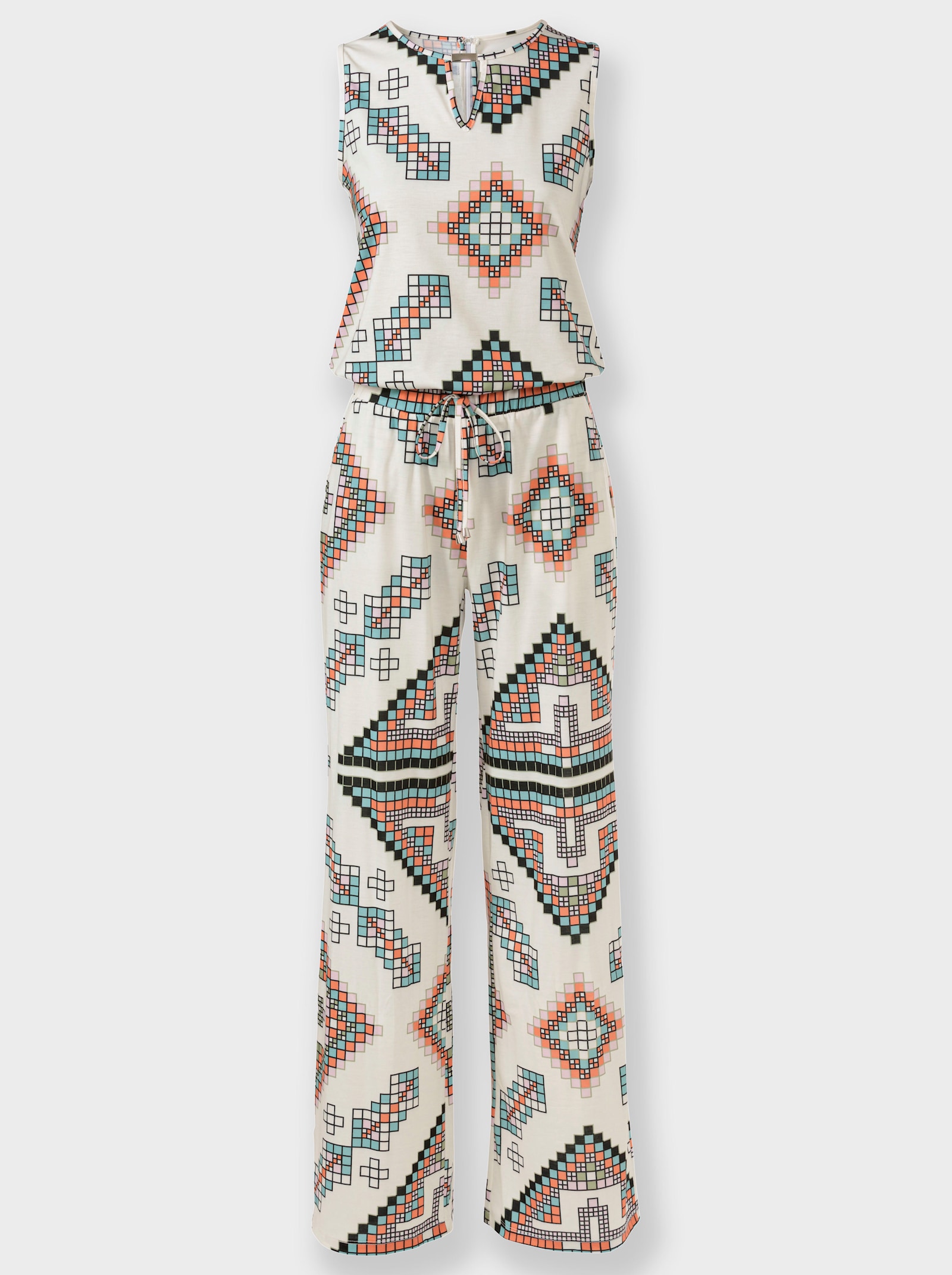 heine Jumpsuit mit elastischem Bund und Bindegürtel - champagner-salbei-bedruckt