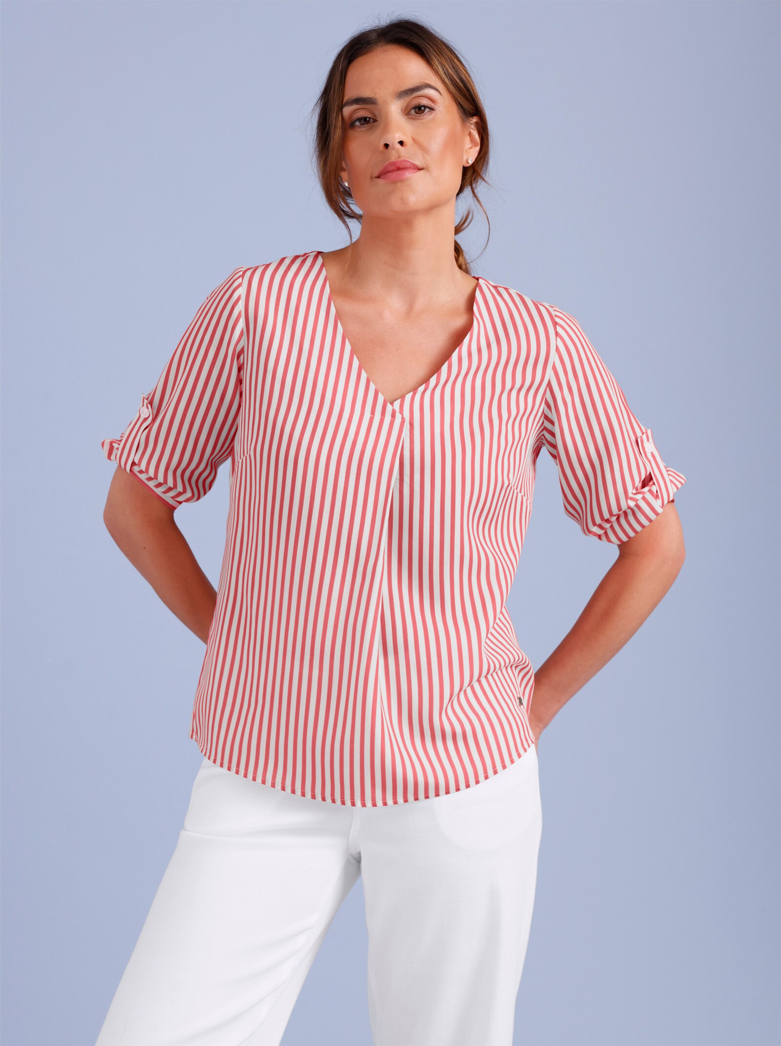 CREATION L PREMIUM Gestreifte Bluse mit Krempelärmel - grapefruit-ecru-gestreift