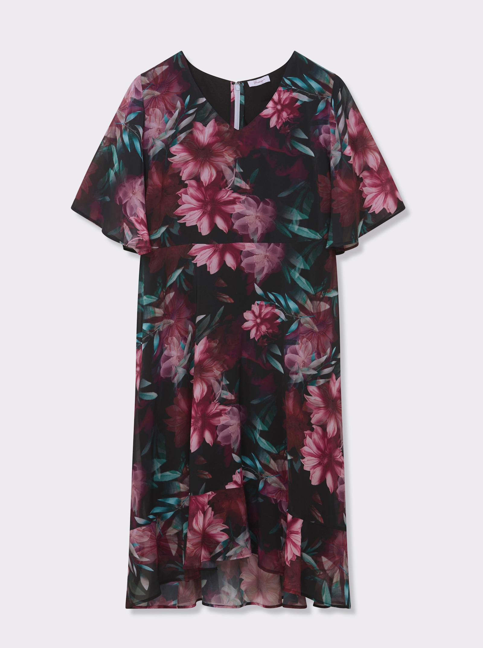 sheego Chiffonkleid mit Flügelärmeln und Volants - schwarz-bedruckt