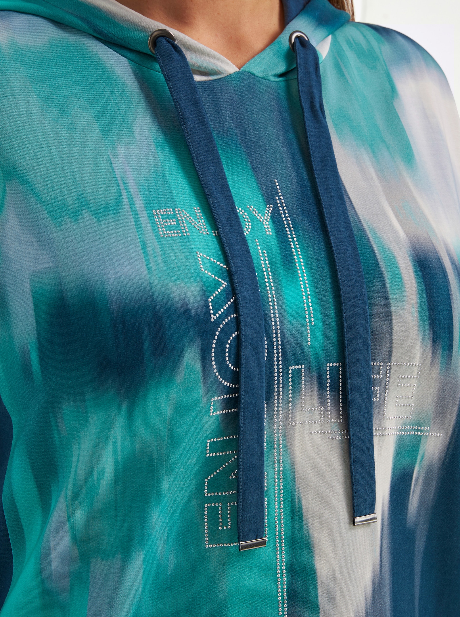 Sweatshirt mit Kontrast-Einsätzen - salbei-dunkelblau-bedruckt