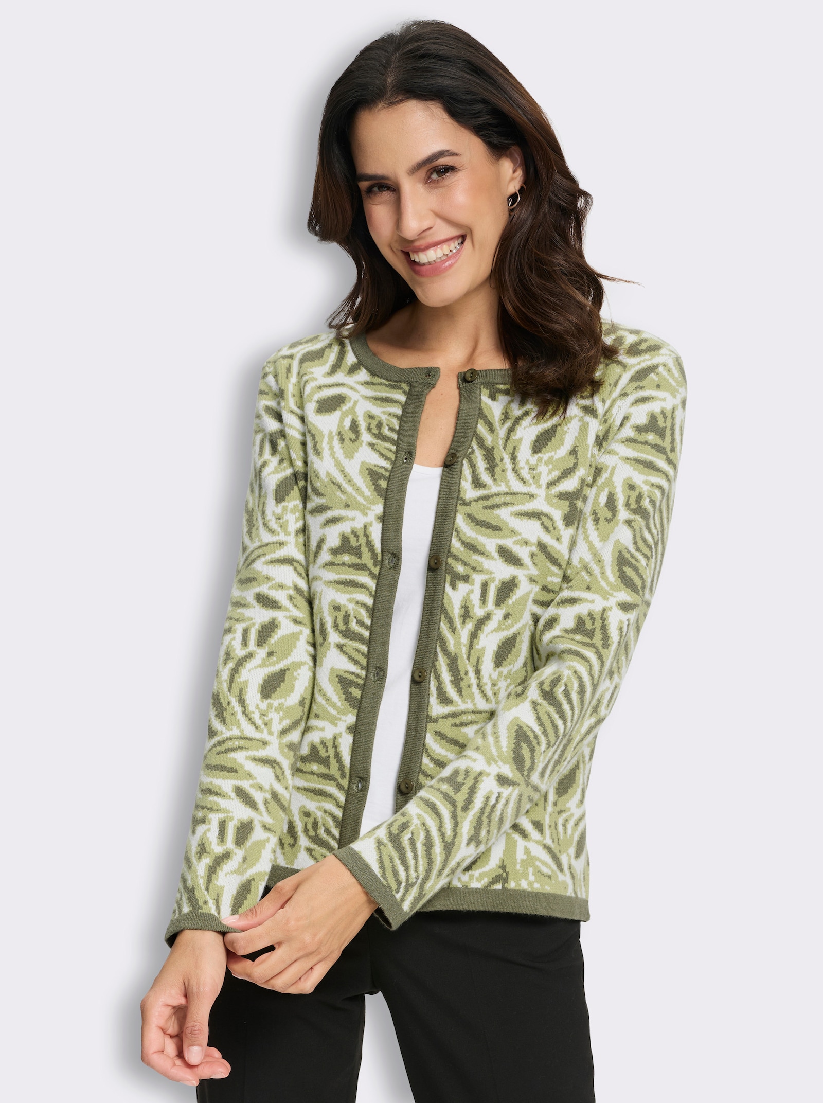 Jacquardstrickjacke mit floralem Allovermuster - khaki-ecru-gemustert
