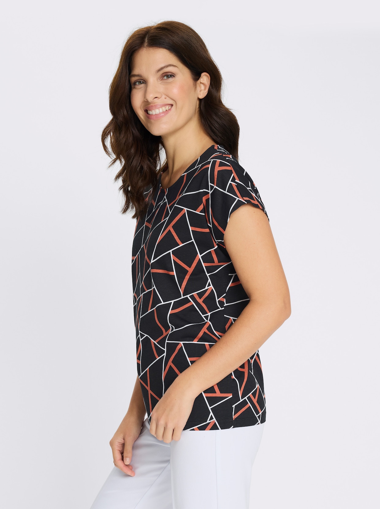 Kurzarmshirt mit Grafik-Print vorne - schwarz-papaya-bedruckt