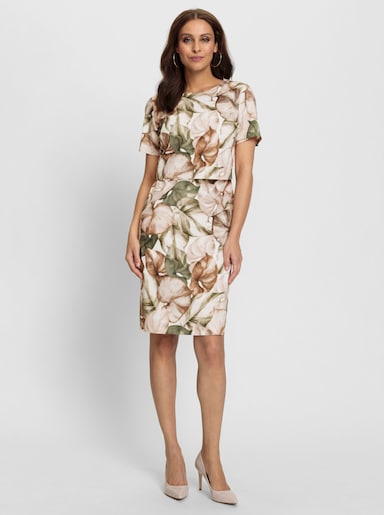 Etuikleid im Blätter-Dessin - ecru-khaki-bedruckt