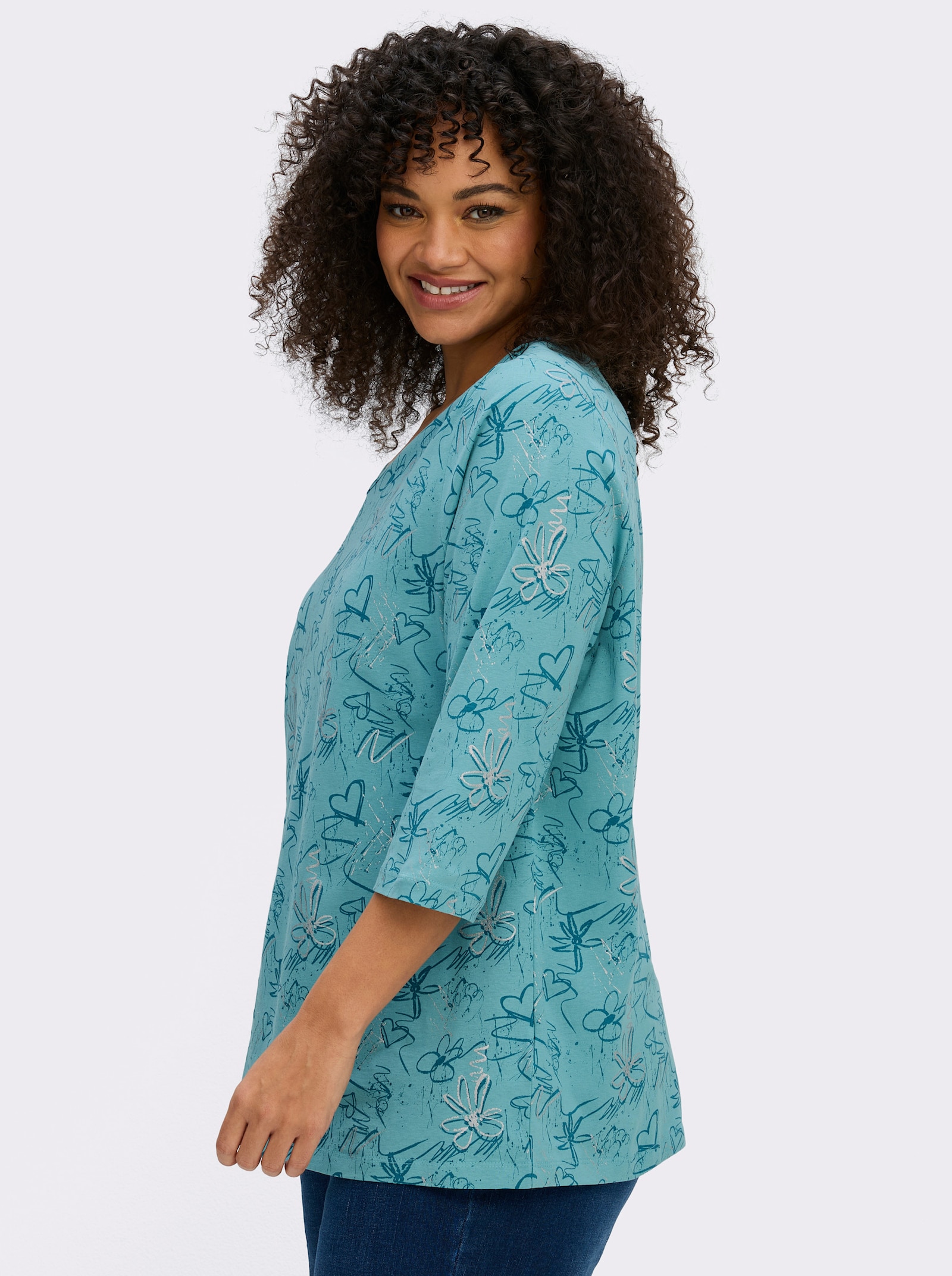 3/4-Arm-Shirt mit Herzen und Blüten verziert - ozean