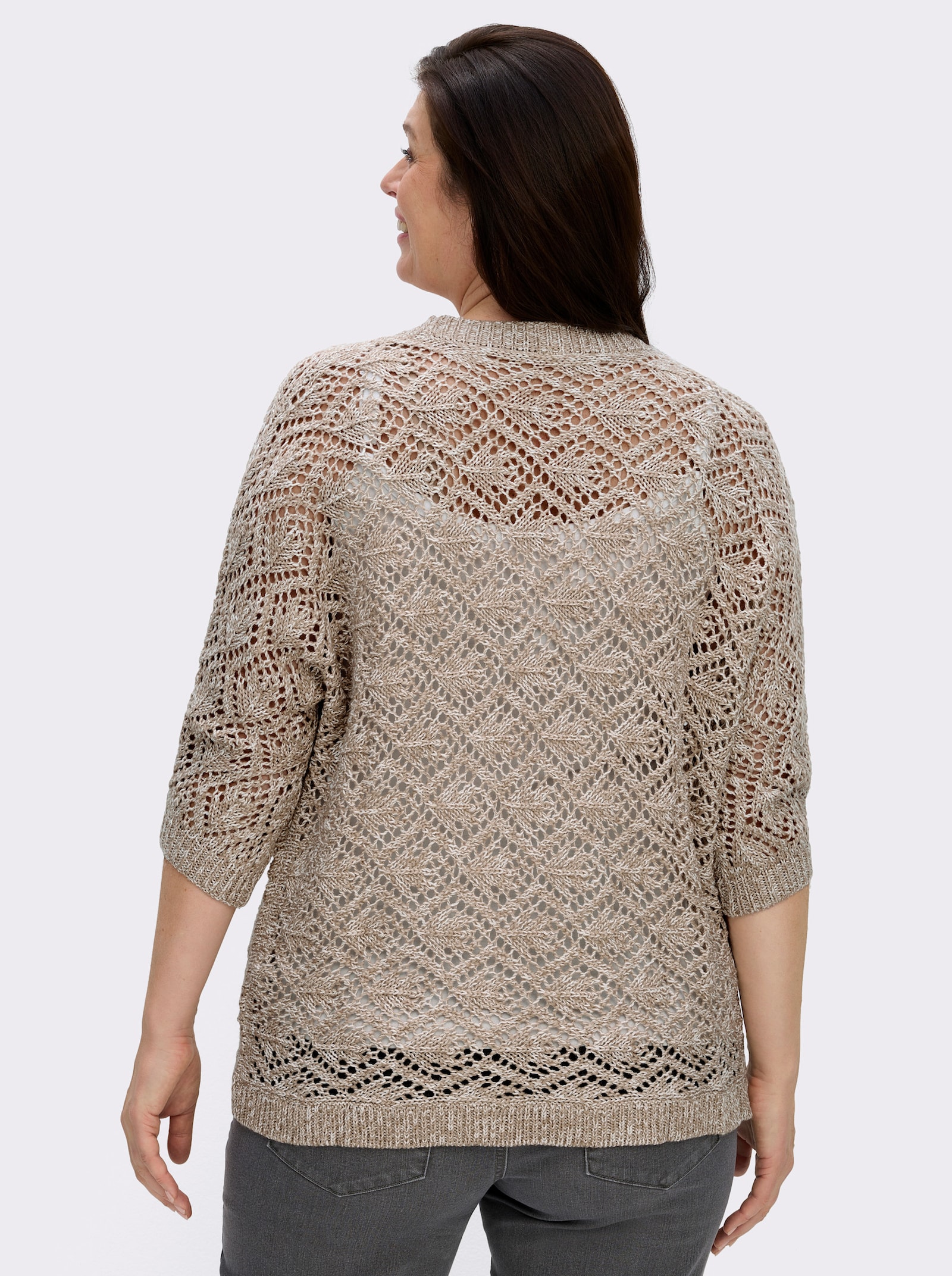 Ajourstrickjacke mit Fledermaus-Ärmeln - sesam-ecru-meliert