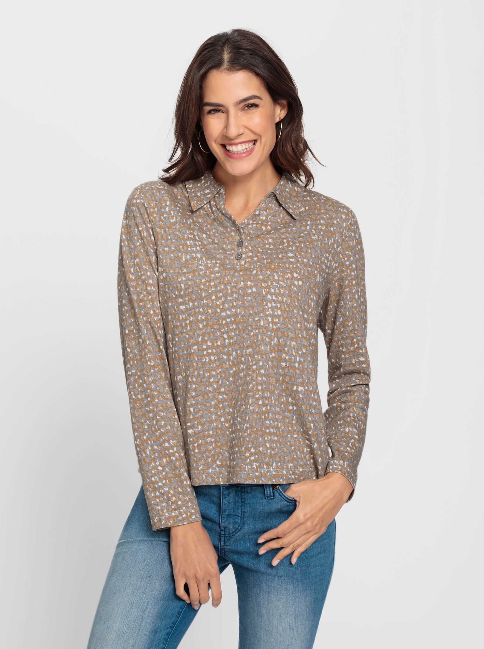 Poloshirt met knoopsluiting - camel/steengrijs bedrukt