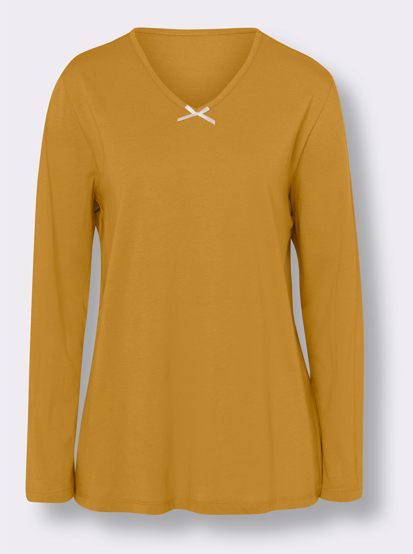 Schlafanzugshirt mit Satin-Schleife, reine Baumwolle - ocker