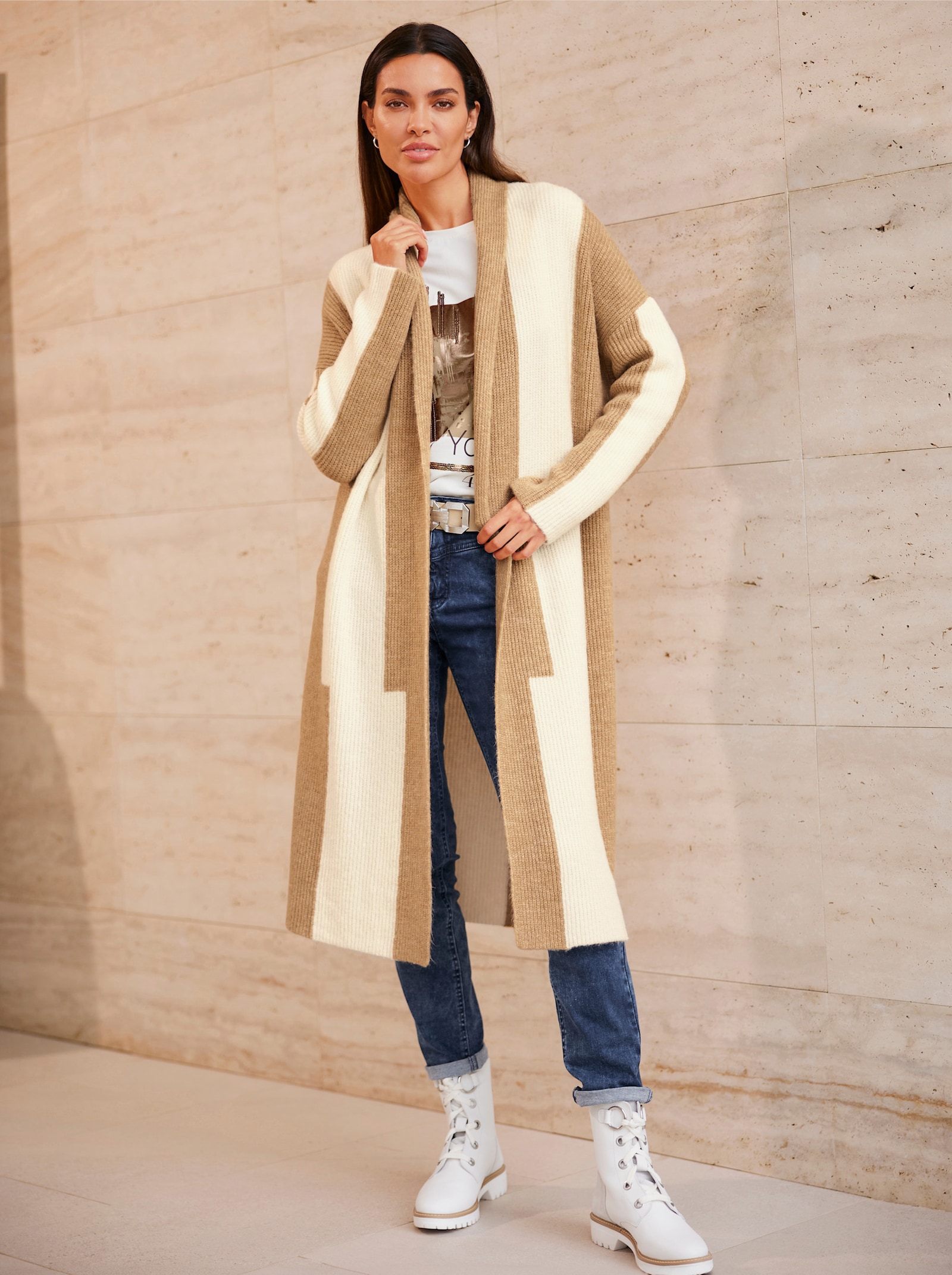 heine Manteau en tricot avec couleurs contrastées - chamois-couleur ivoire à motifs