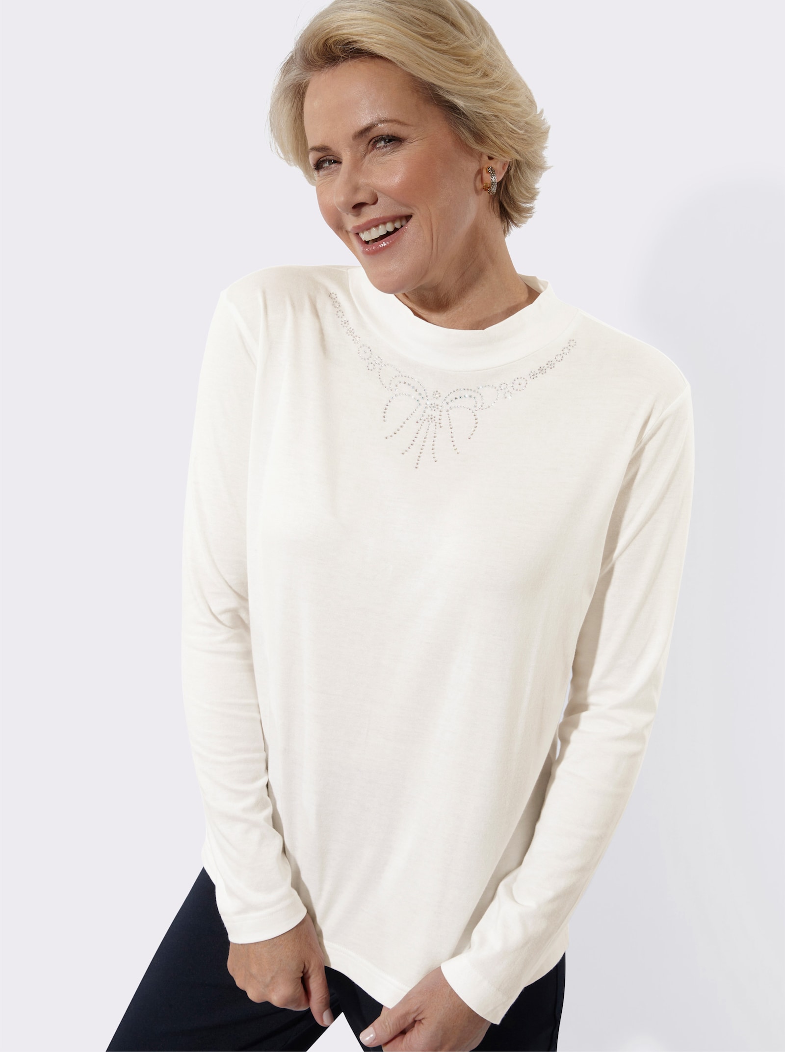 Stehkragenshirt mit Glitzersteinchen - ecru