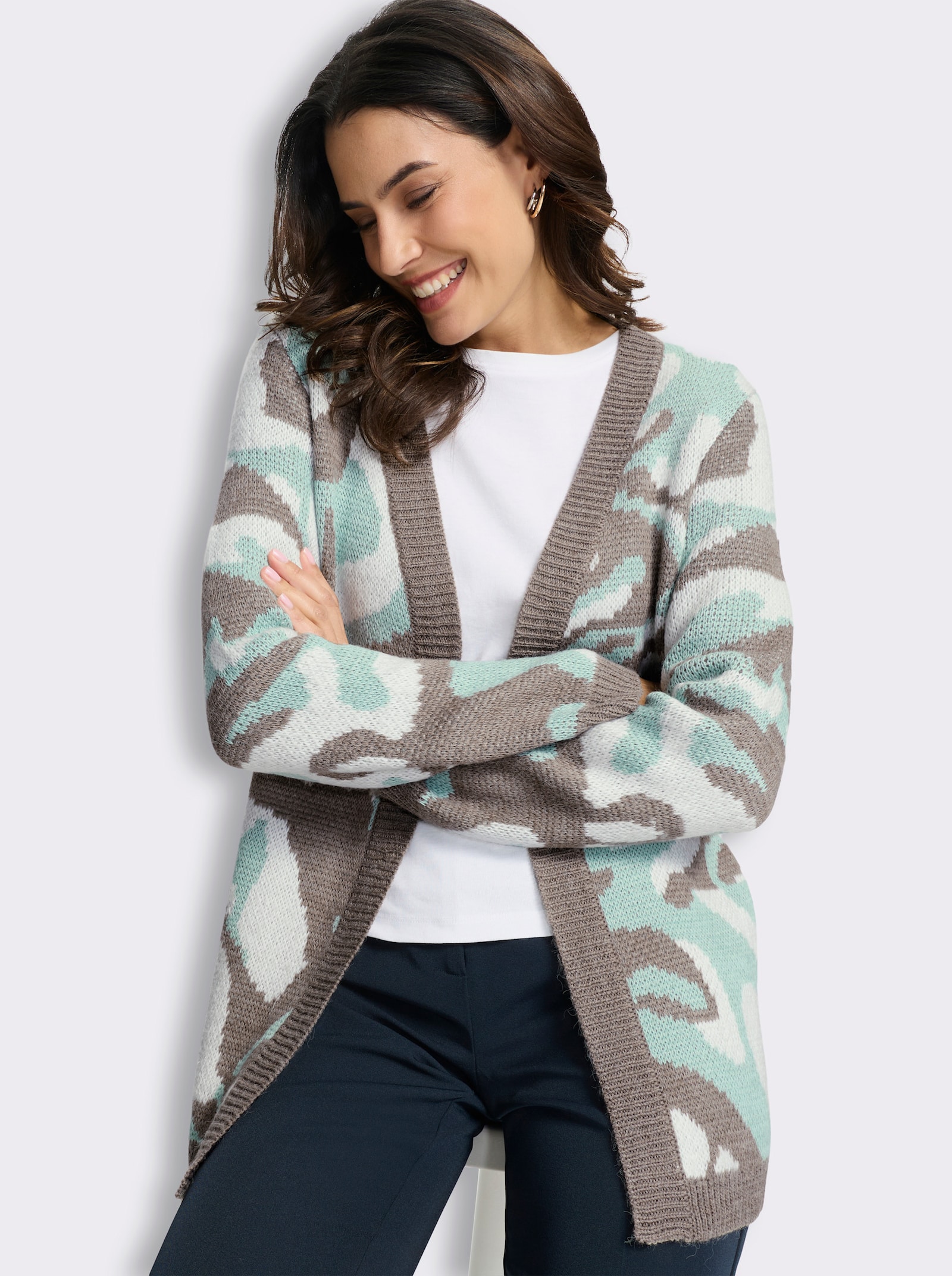 Jacquardstrickjacke in offener Form - kalkmint-taupe-gemustert