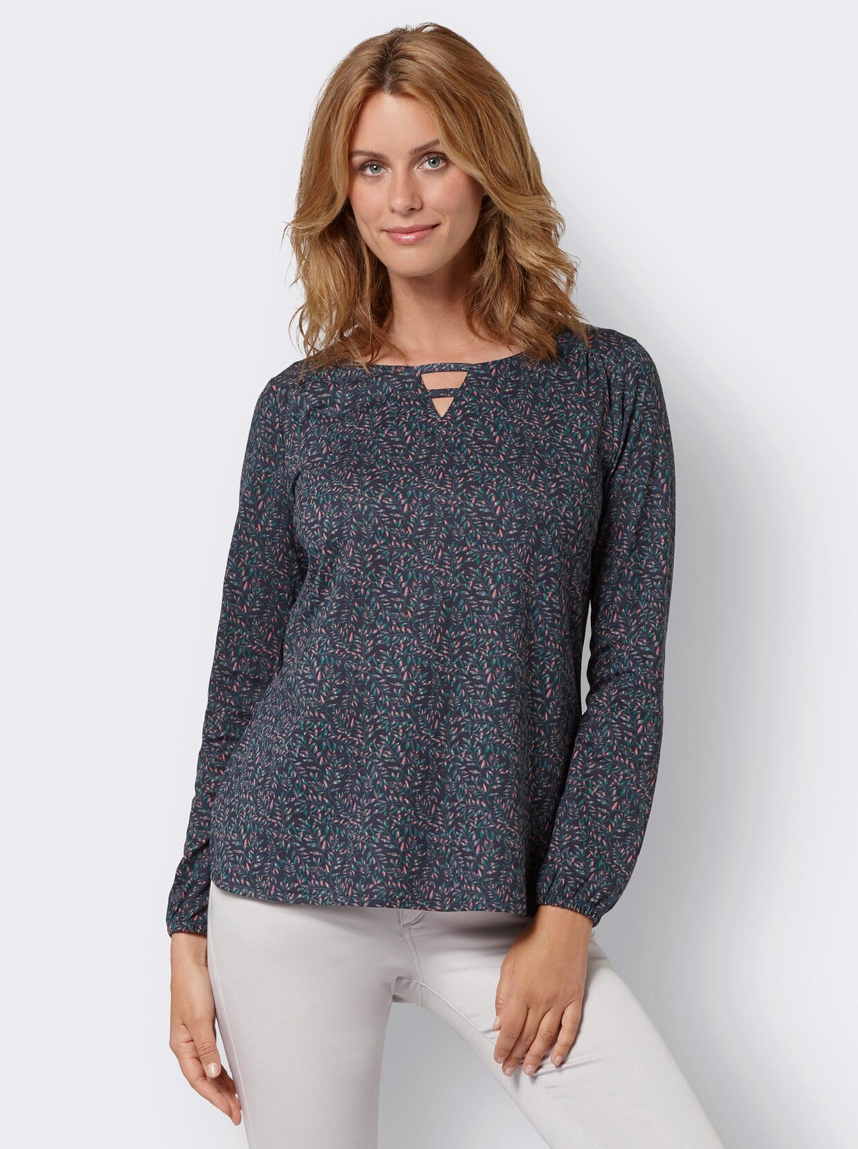 Rundhalsshirt - marine-grün-bedruckt