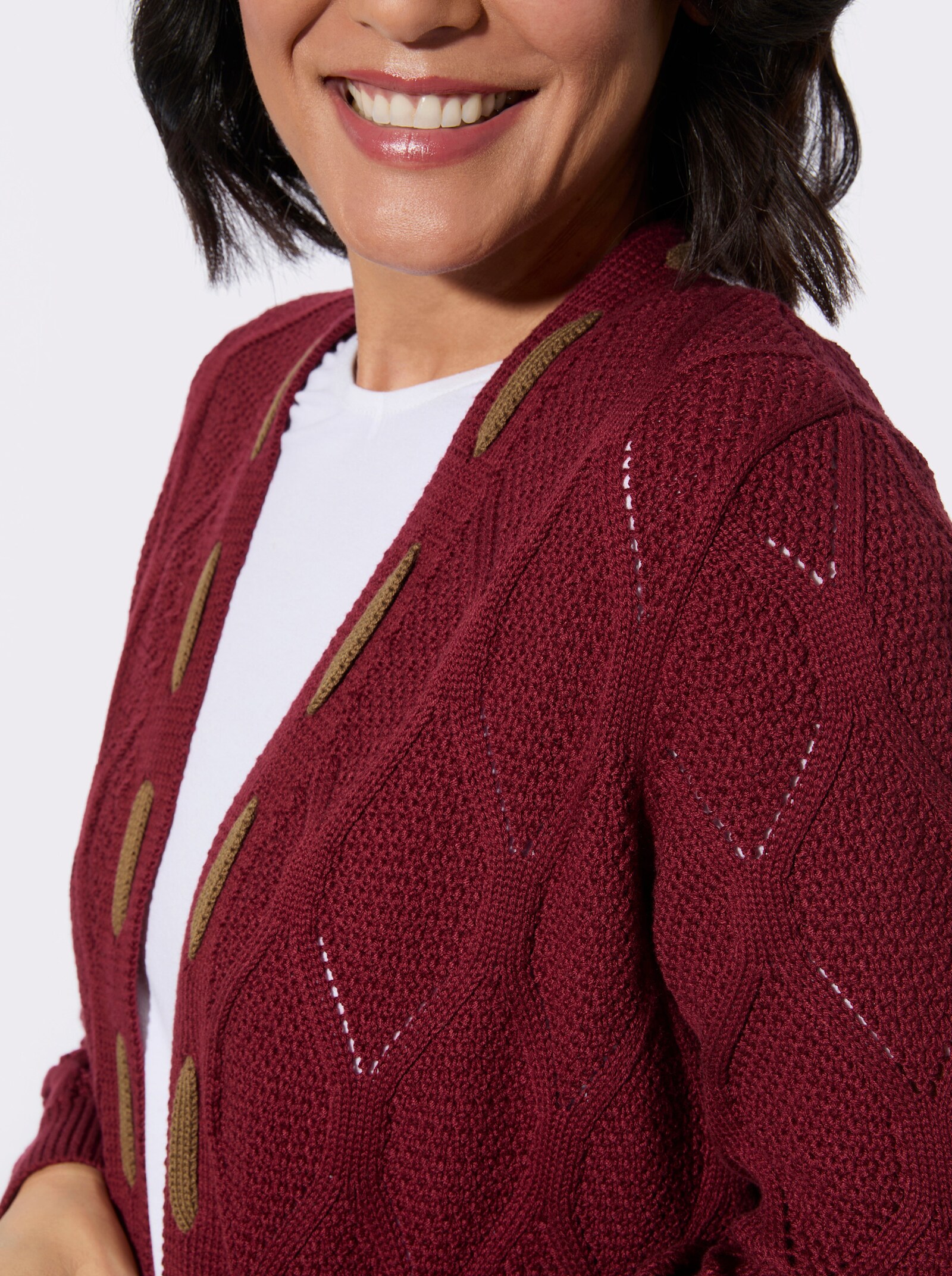 Longstrickjacke mit kontrastfarbigen Details - dunkelrot